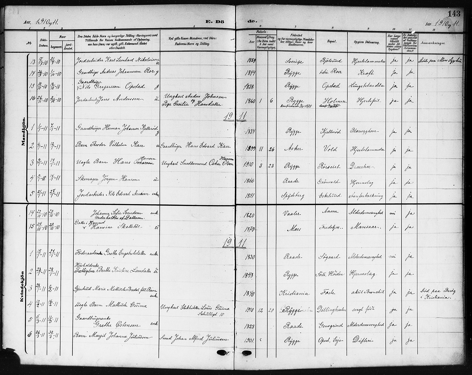 Rygge prestekontor Kirkebøker, AV/SAO-A-10084b/G/Ga/L0003: Parish register (copy) no. 3, 1906-1921, p. 143