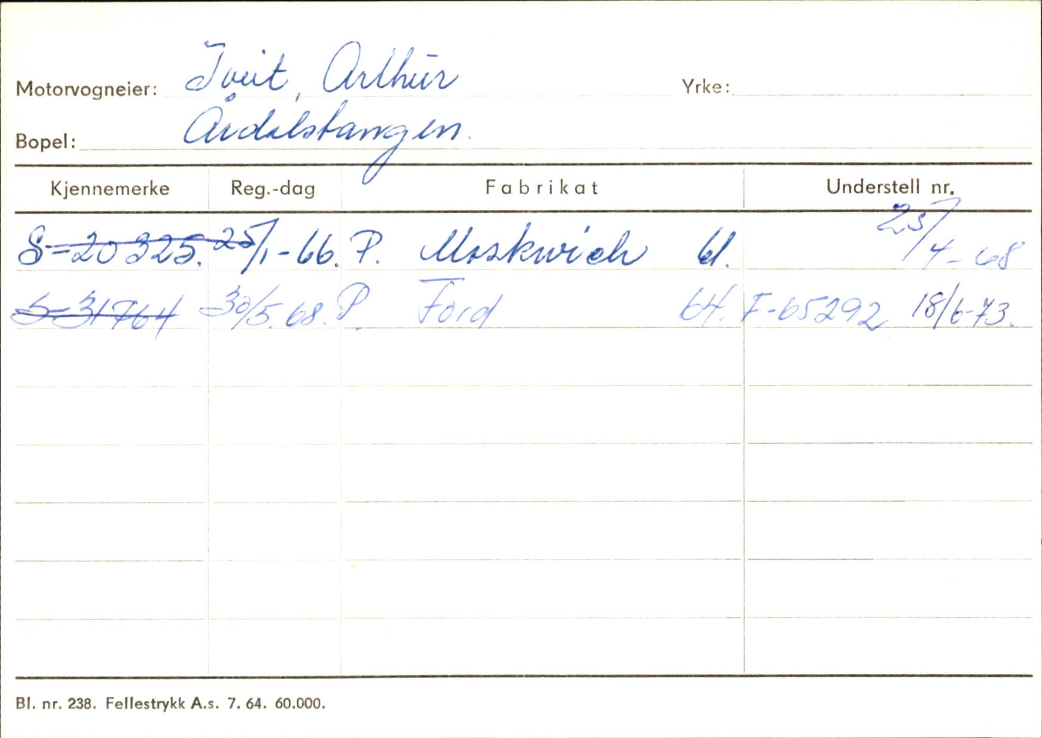 Statens vegvesen, Sogn og Fjordane vegkontor, SAB/A-5301/4/F/L0146: Registerkort Årdal R-Å samt diverse kort, 1945-1975, p. 993