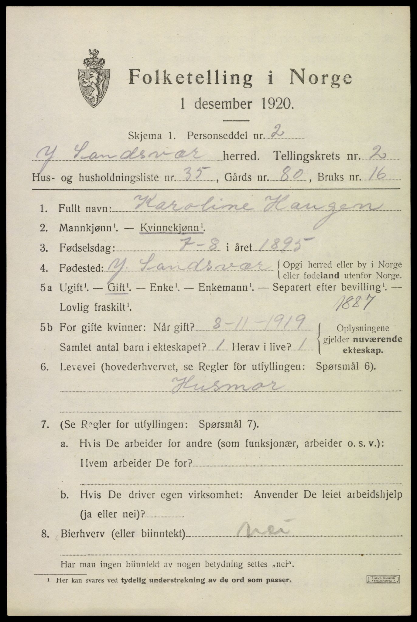 SAKO, 1920 census for Ytre Sandsvær, 1920, p. 3018