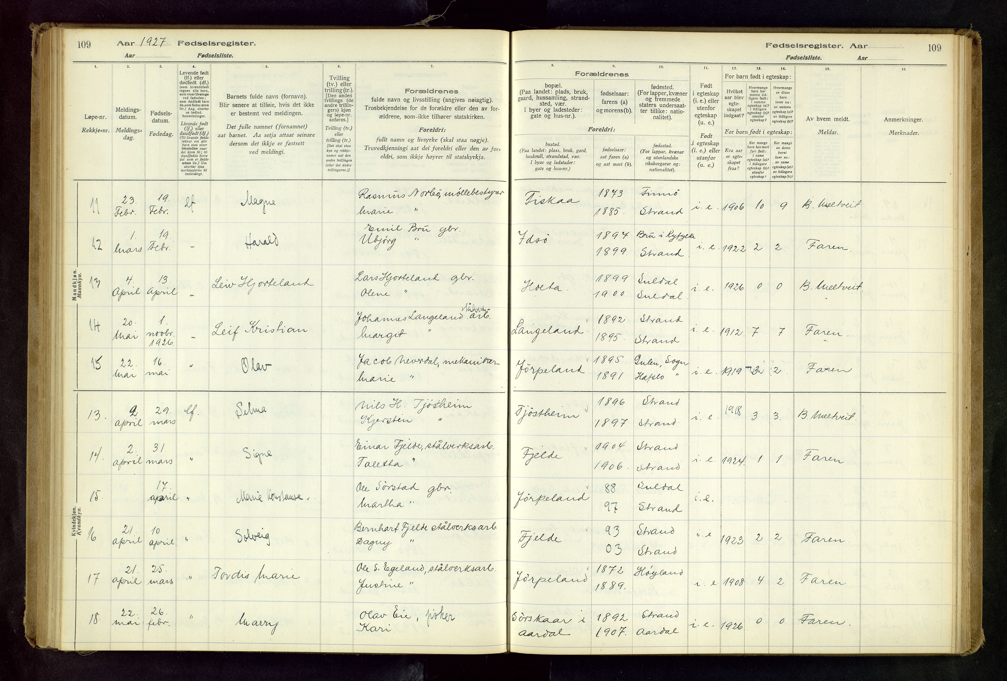 Strand sokneprestkontor, AV/SAST-A-101828/I/Id/L0001: Birth register no. 1, 1916-1938, p. 109