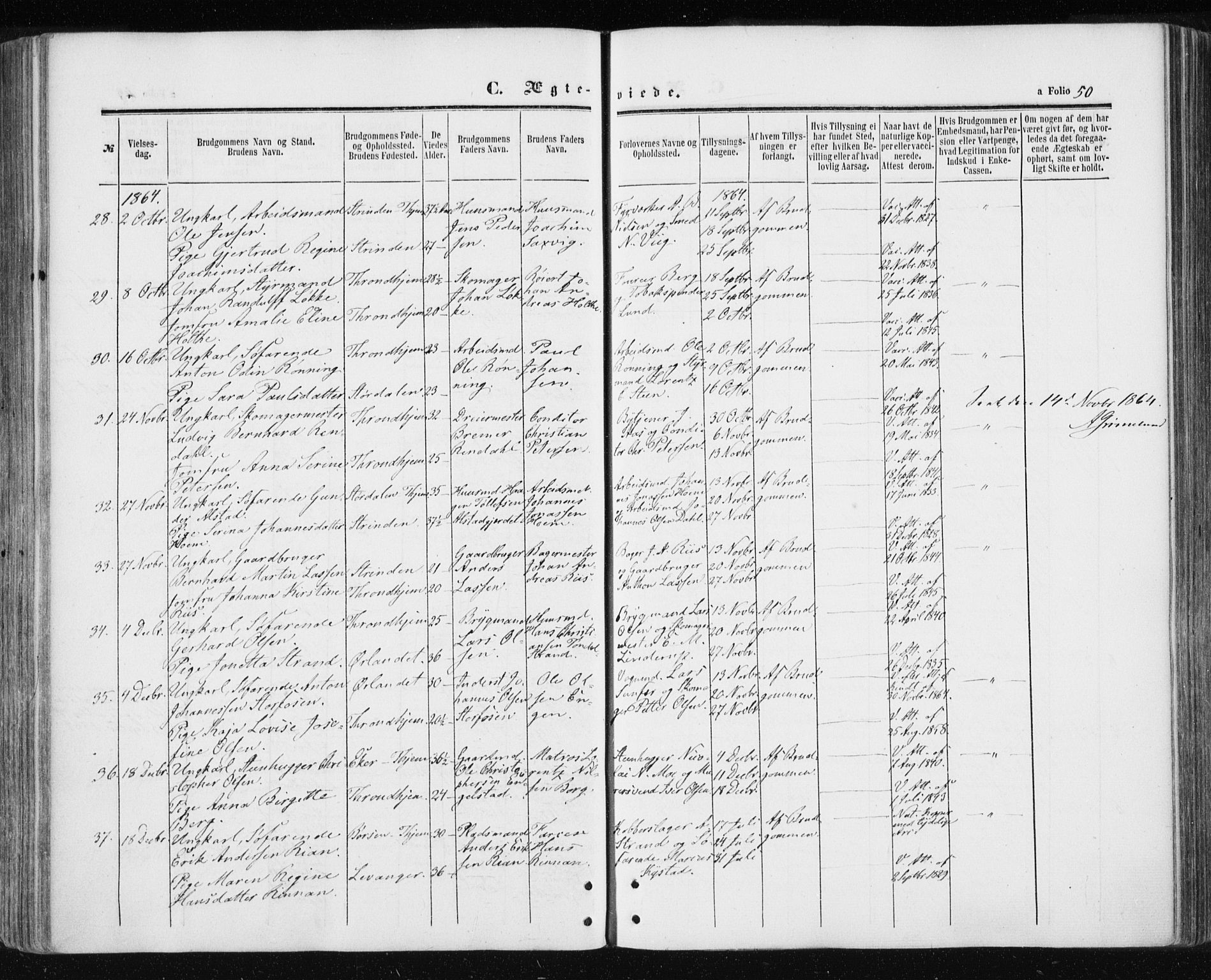 Ministerialprotokoller, klokkerbøker og fødselsregistre - Sør-Trøndelag, SAT/A-1456/601/L0053: Parish register (official) no. 601A21, 1857-1865, p. 50