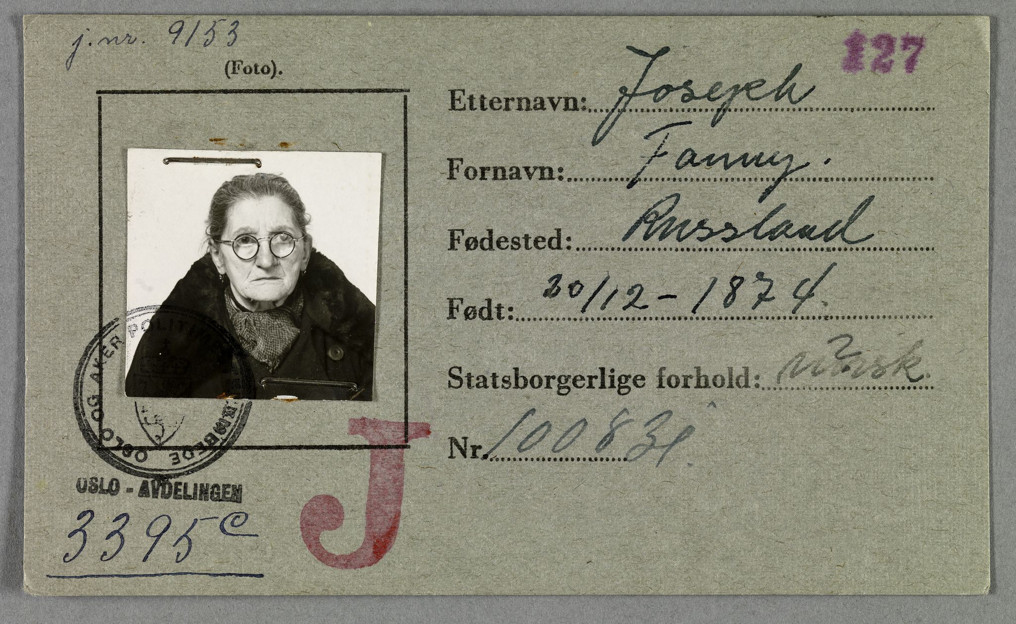Sosialdepartementet, Våre Falne, RA/S-1708/E/Ee/L0021A: Fotografier av jøder på legitimasjonskort (1941-42), 1941-1942, p. 189
