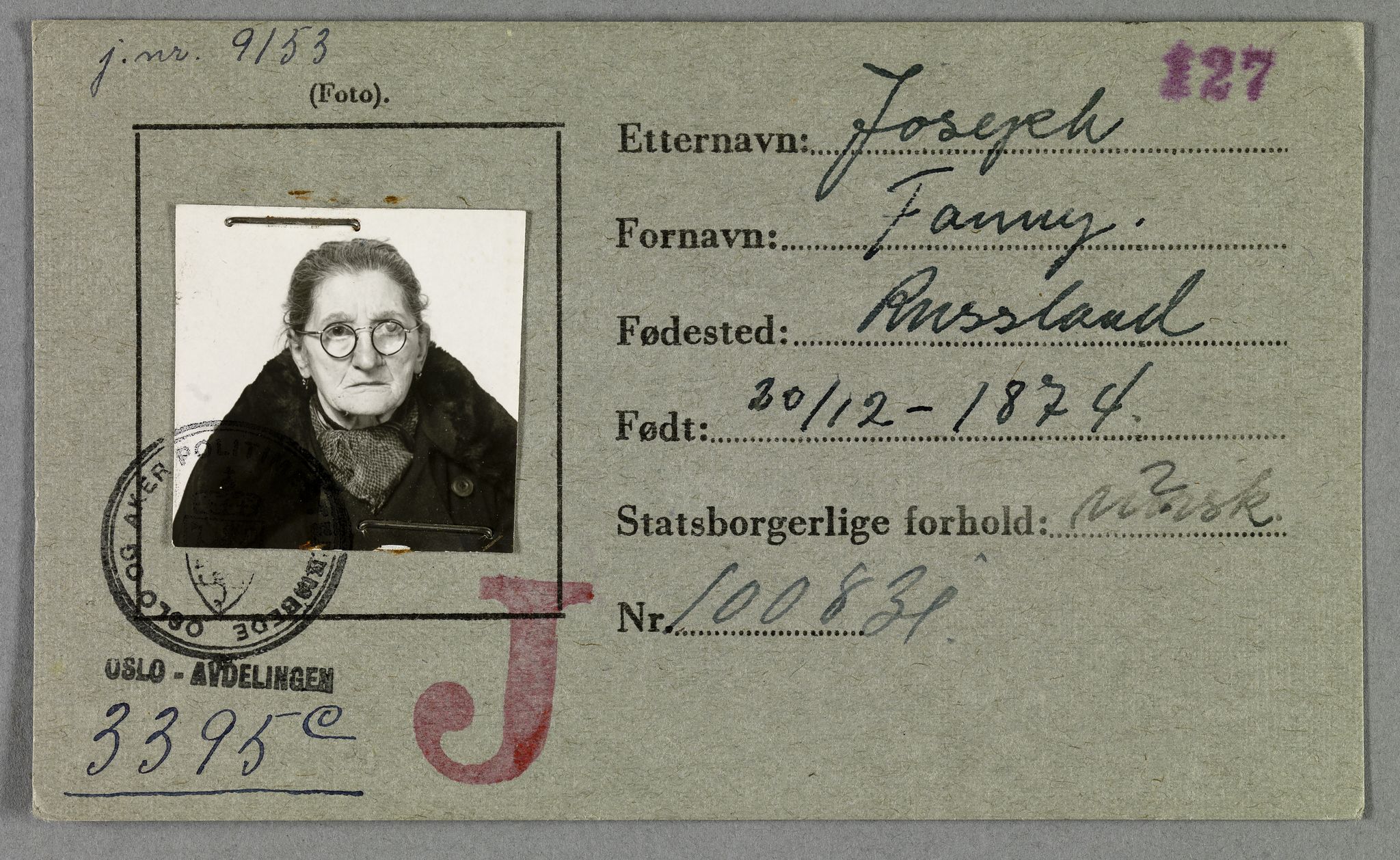 Sosialdepartementet, Våre Falne, AV/RA-S-1708/E/Ee/L0021A: Fotografier av jøder på legitimasjonskort (1941-42), 1941-1942, p. 189