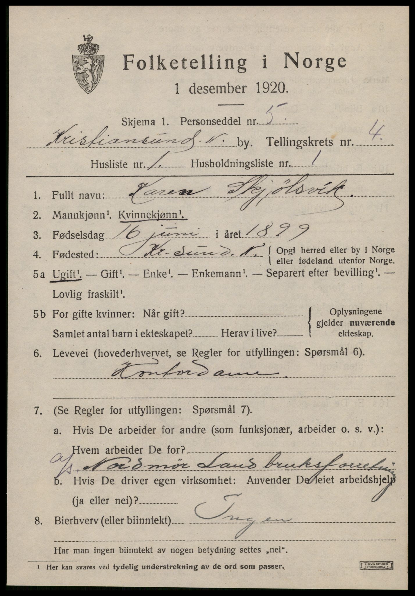 SAT, 1920 census for Kristiansund, 1920, p. 14895