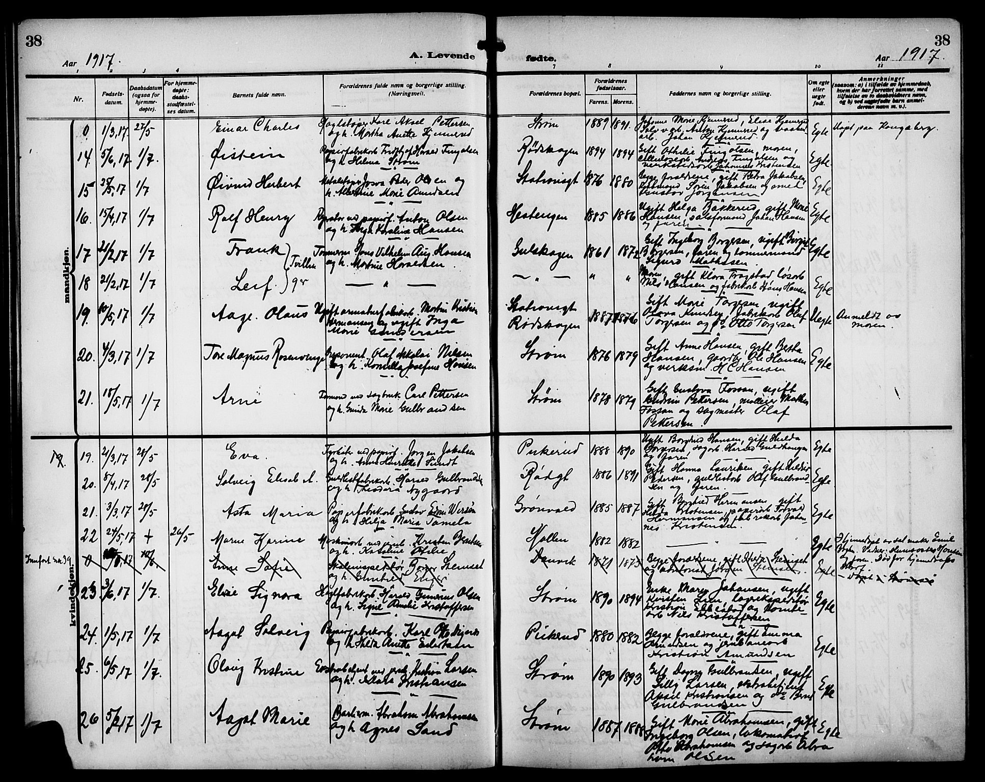 Strømsgodset kirkebøker, SAKO/A-324/G/Ga/L0003: Parish register (copy) no. 3, 1911-1926, p. 38