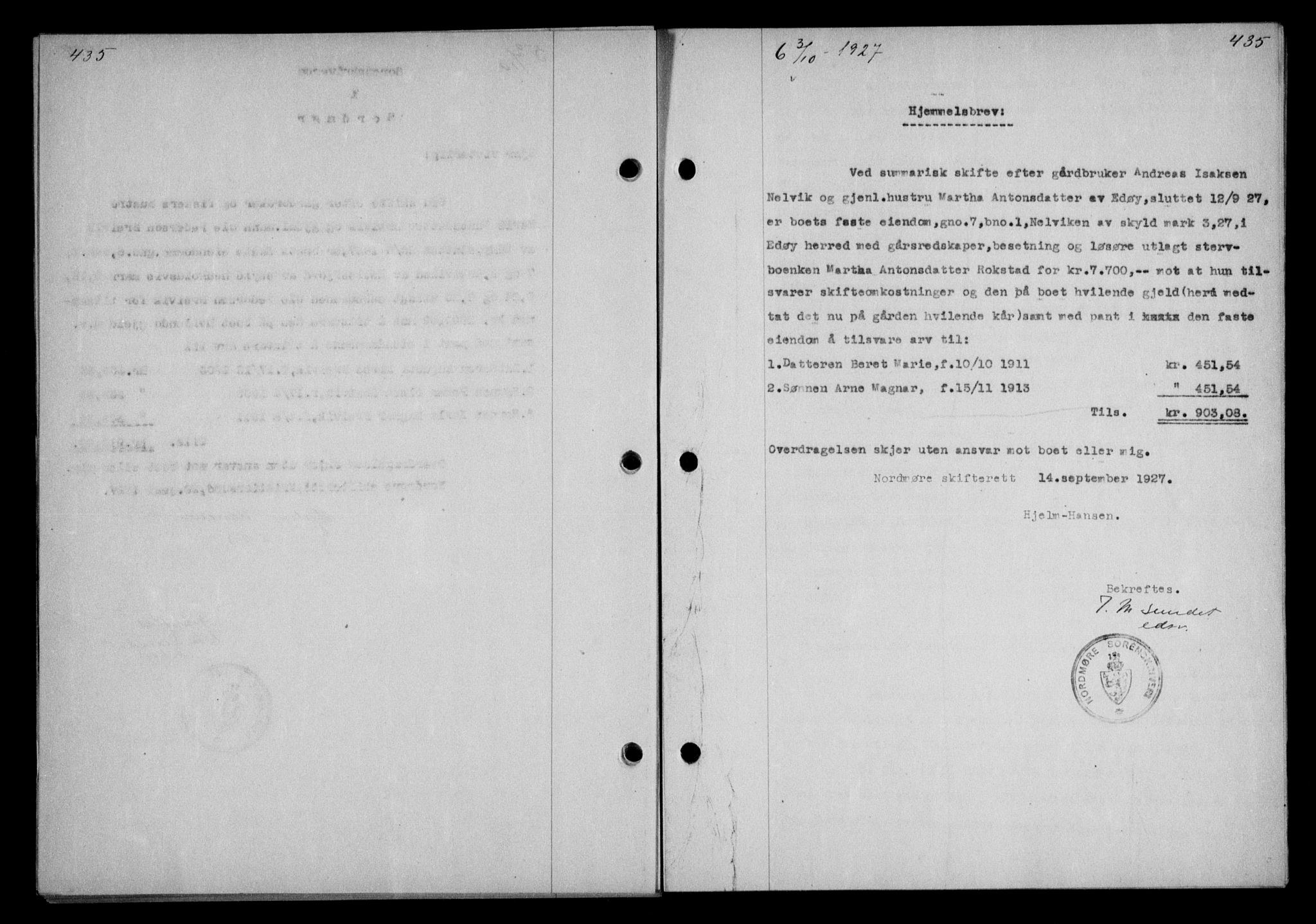 Nordmøre sorenskriveri, AV/SAT-A-4132/1/2/2Ca/L0062: Mortgage book no. 52, 1927-1927, Deed date: 03.10.1927