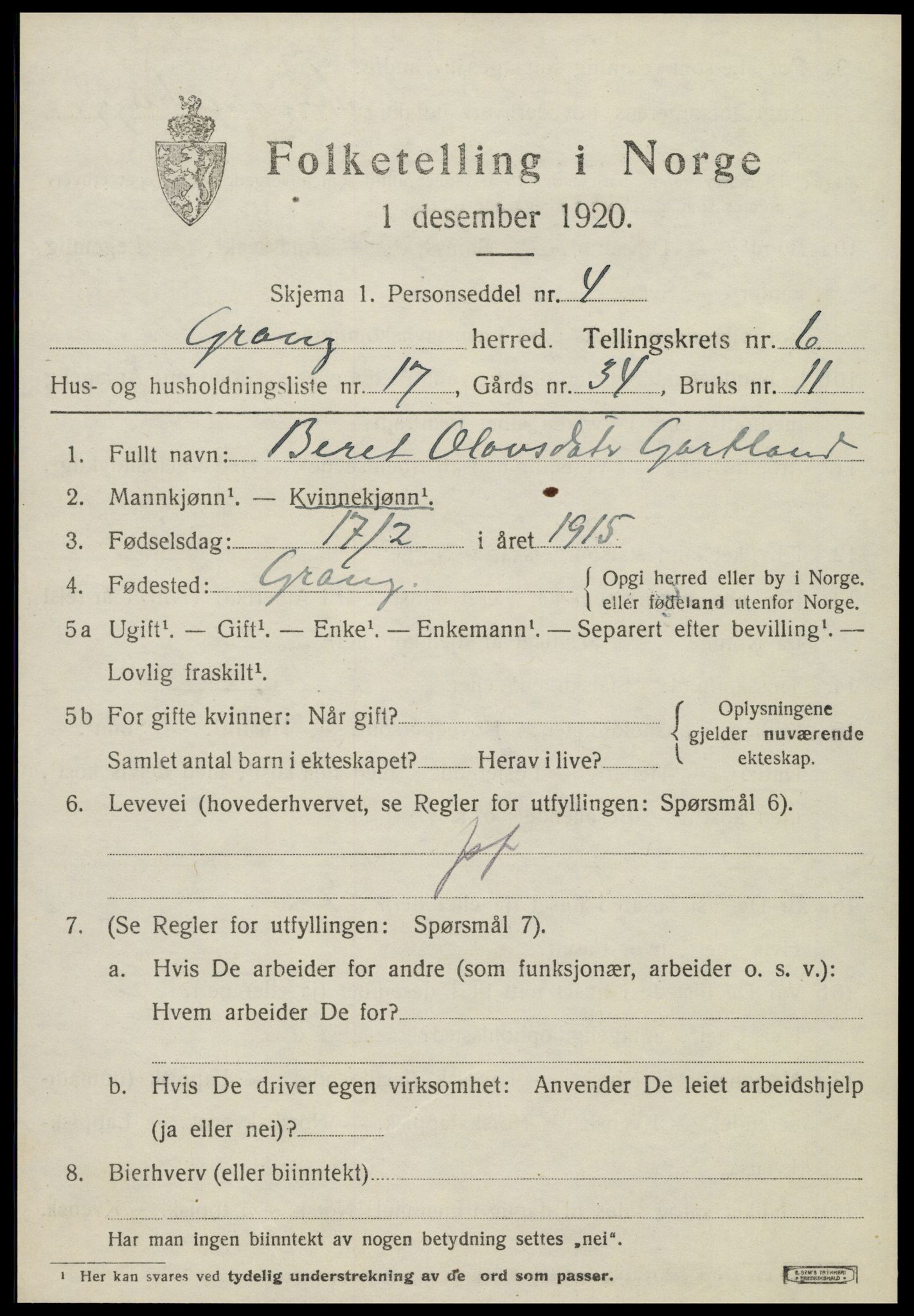 SAT, 1920 census for Grong, 1920, p. 3733