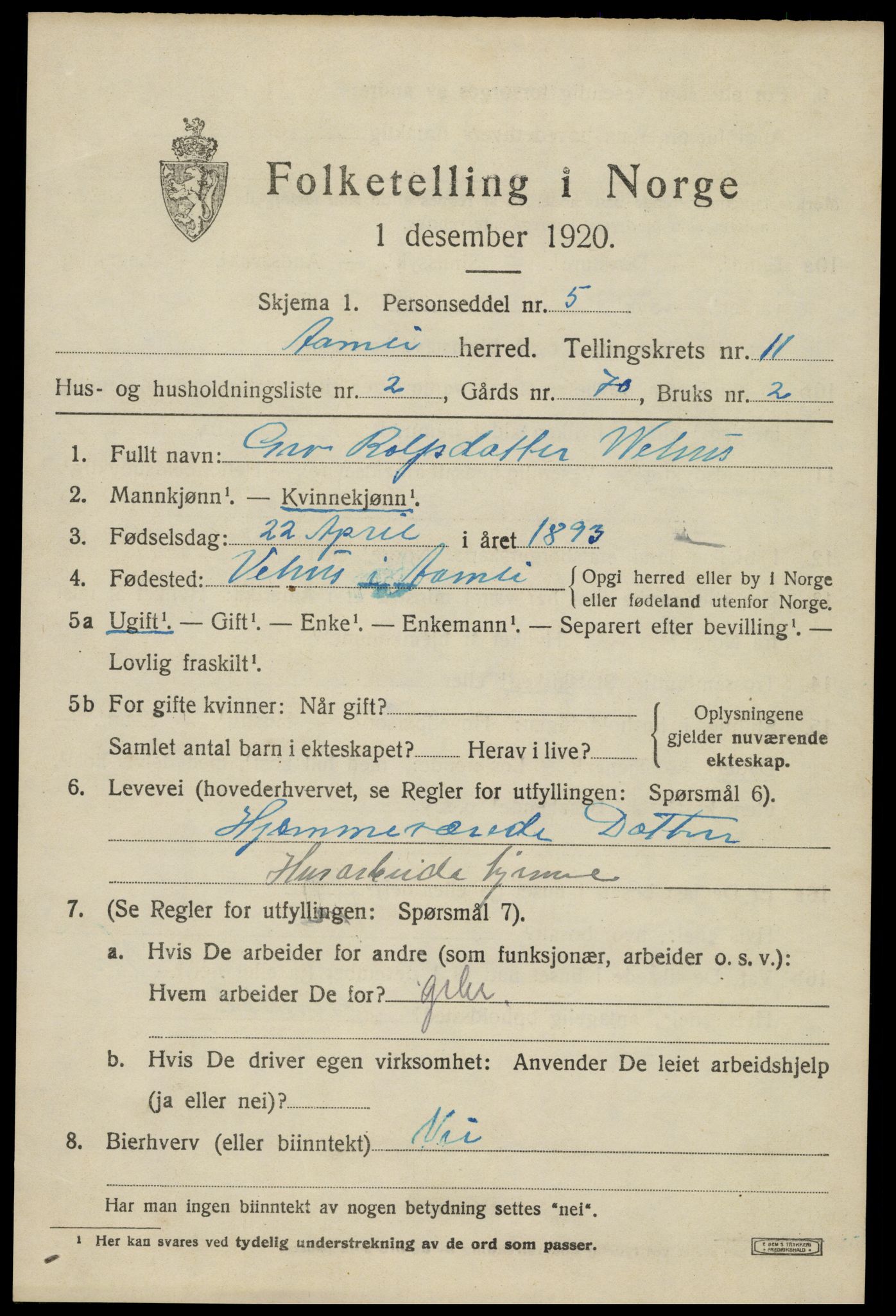 SAK, 1920 census for Åmli, 1920, p. 4213