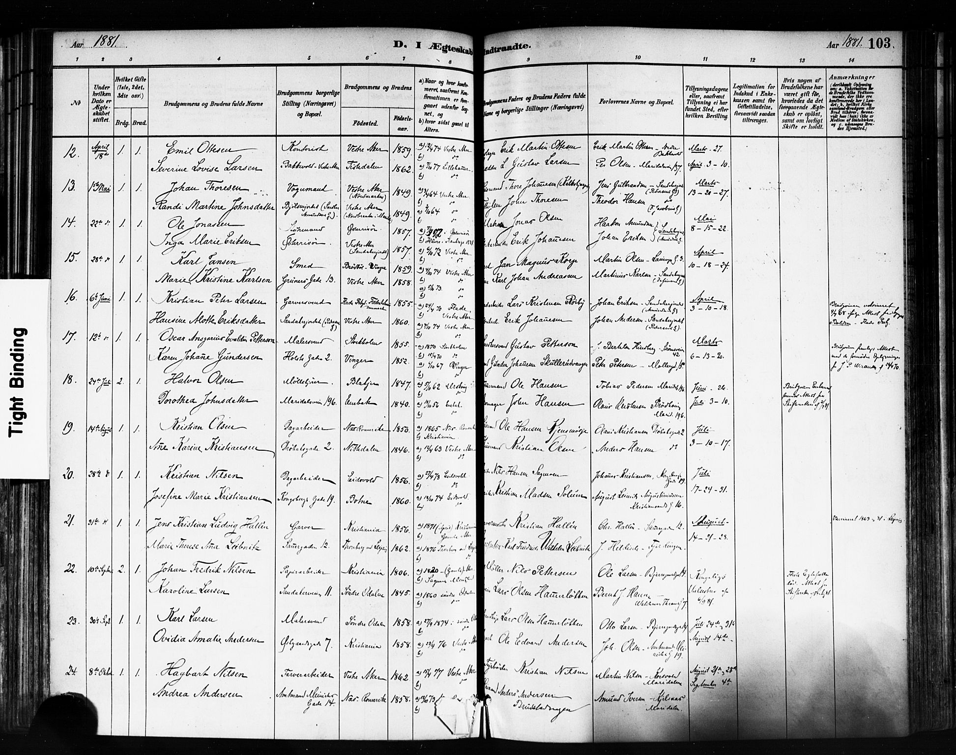 Sagene prestekontor Kirkebøker, SAO/A-10796/F/L0002: Parish register (official) no. 2, 1880-1897, p. 103