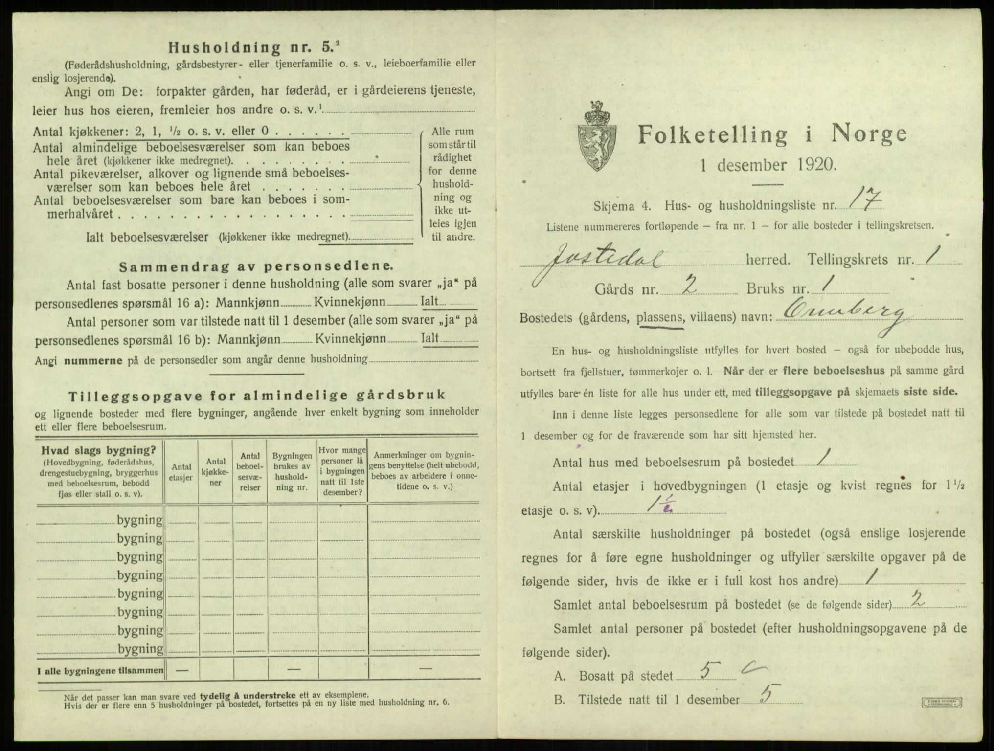 SAB, 1920 census for Jostedal, 1920, p. 52