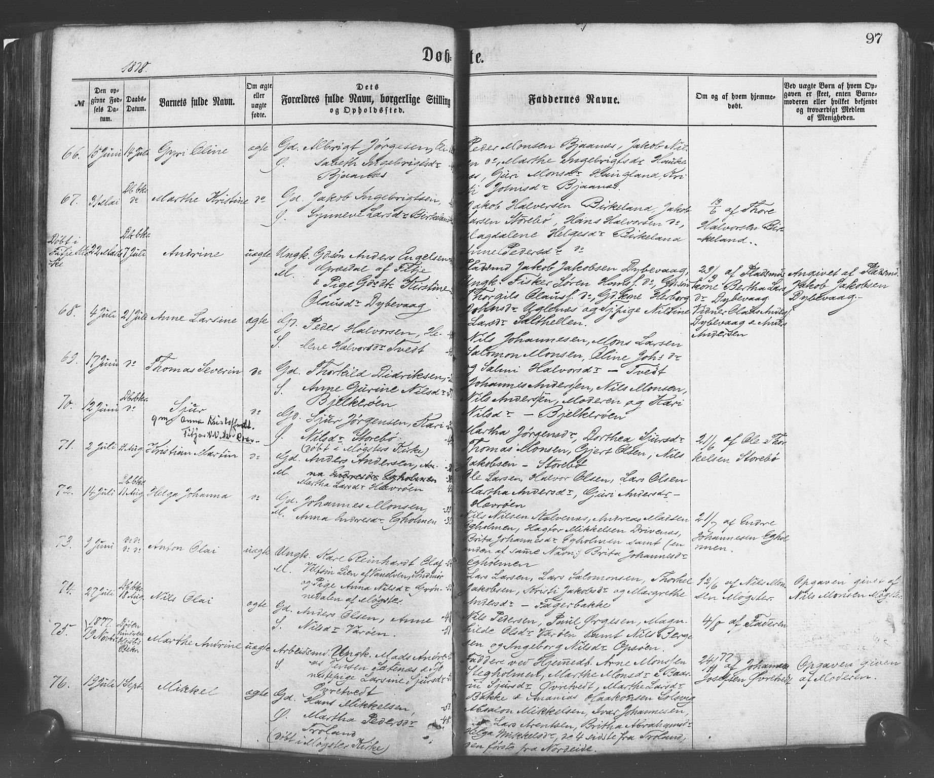 Sund sokneprestembete, SAB/A-99930: Parish register (official) no. A 15, 1867-1881, p. 97