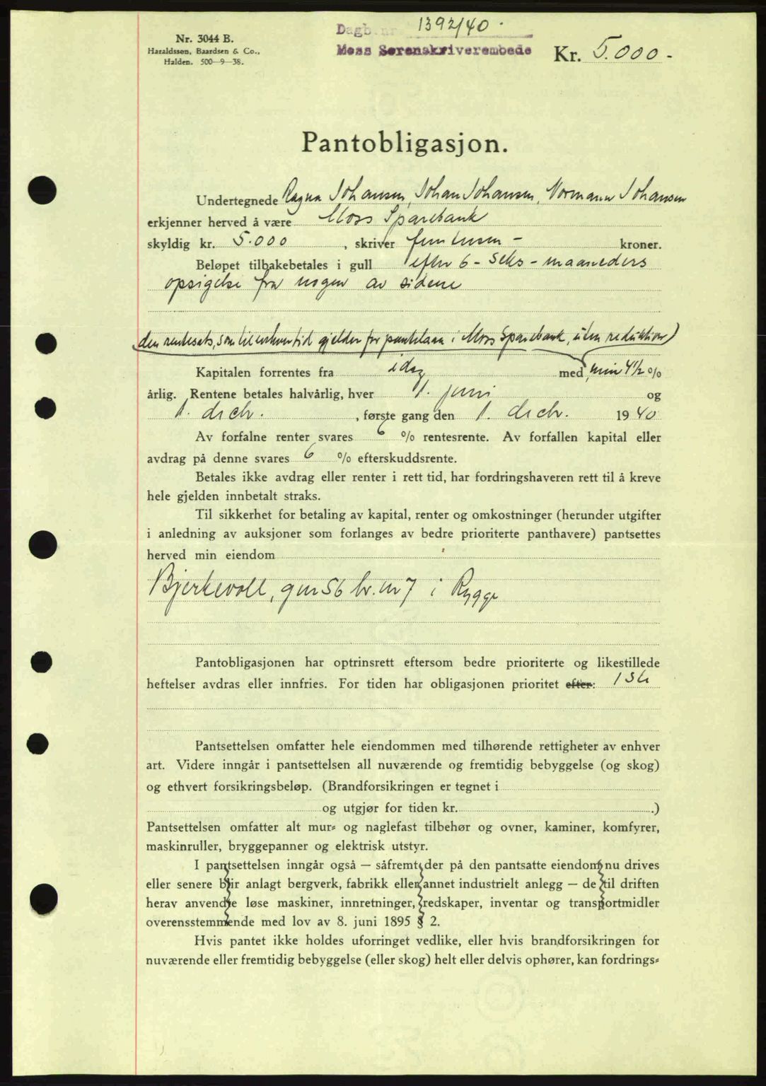 Moss sorenskriveri, SAO/A-10168: Mortgage book no. B10, 1940-1941, Diary no: : 1392/1940