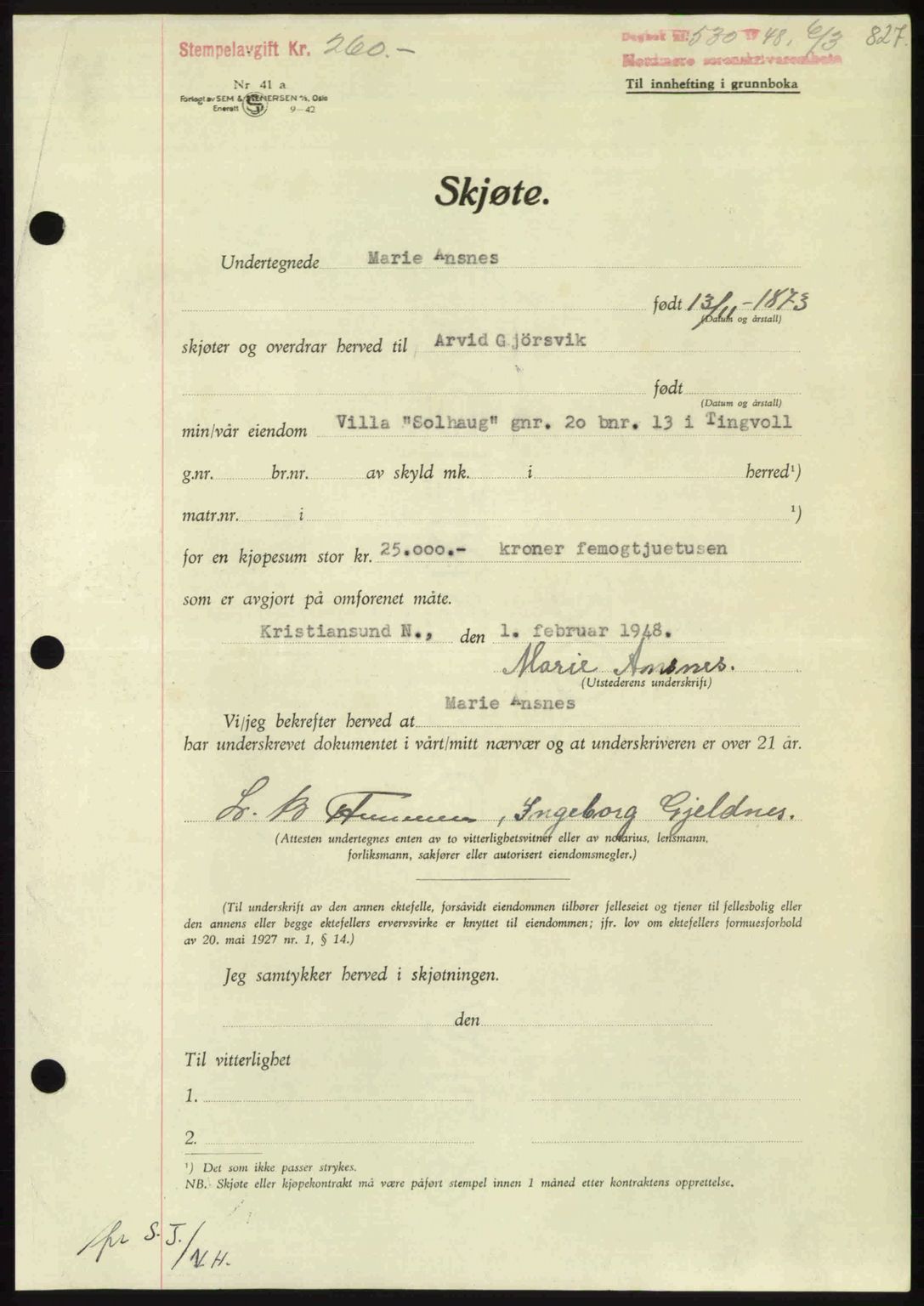 Nordmøre sorenskriveri, AV/SAT-A-4132/1/2/2Ca: Mortgage book no. A107, 1947-1948, Diary no: : 530/1948