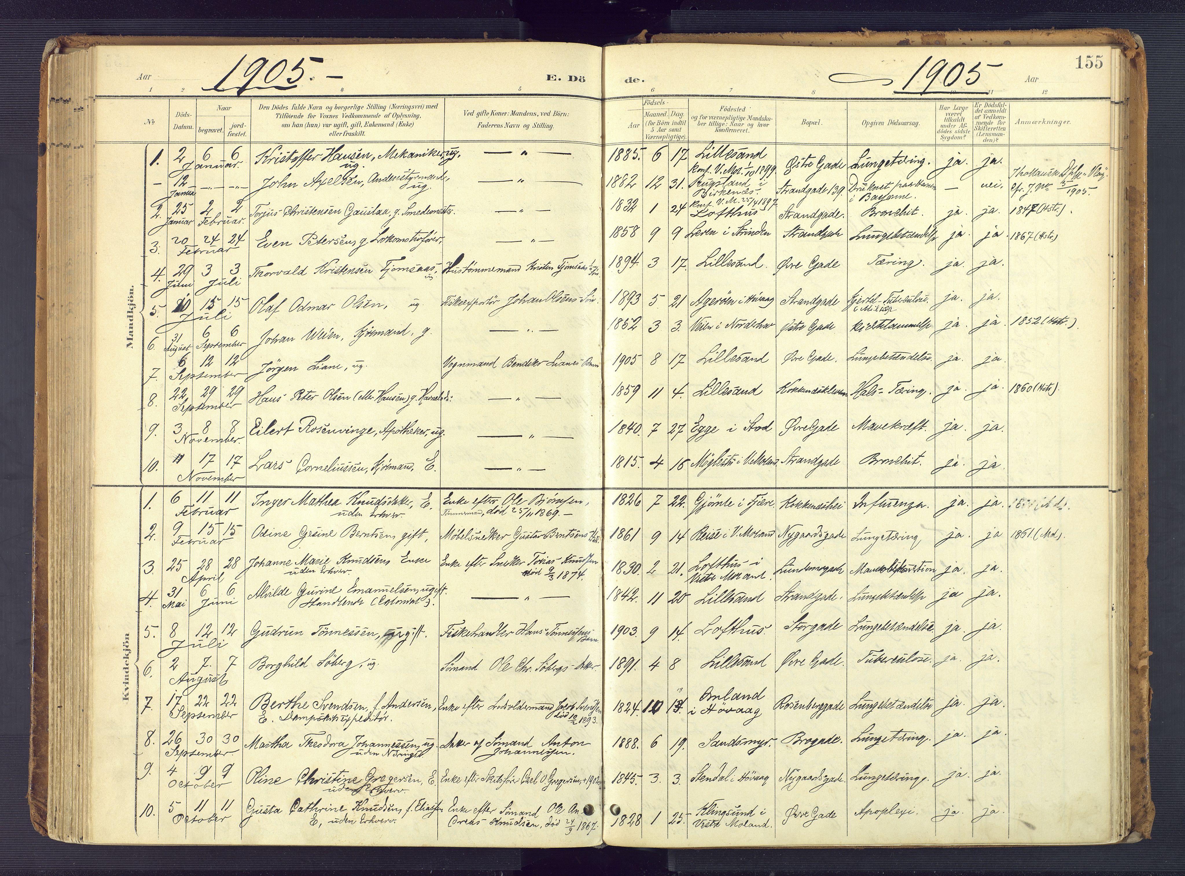 Vestre Moland sokneprestkontor, SAK/1111-0046/F/Fa/Faa/L0002: Parish register (official) no. A 2, 1900-1926, p. 155