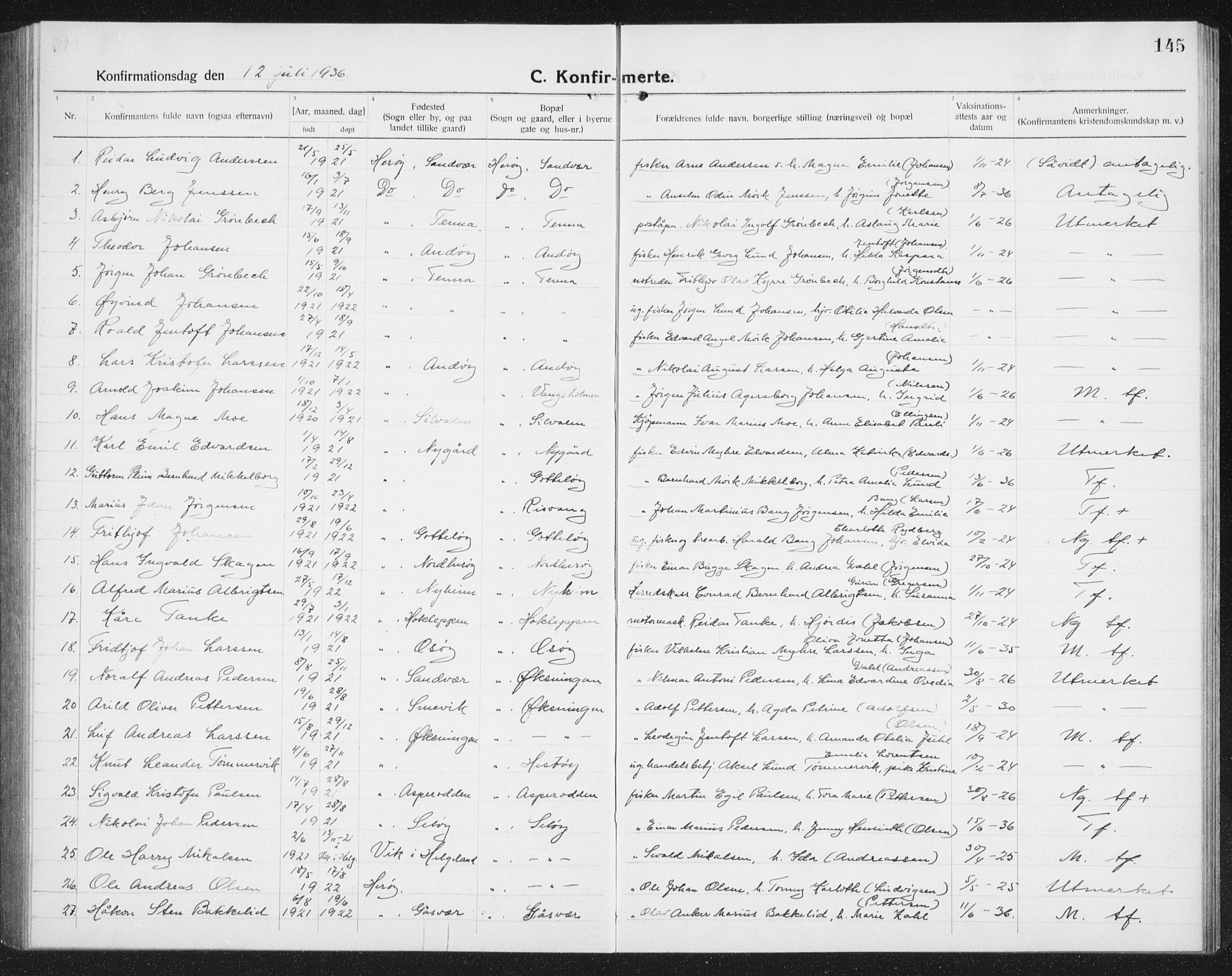 Ministerialprotokoller, klokkerbøker og fødselsregistre - Nordland, SAT/A-1459/834/L0517: Parish register (copy) no. 834C07, 1919-1939, p. 145