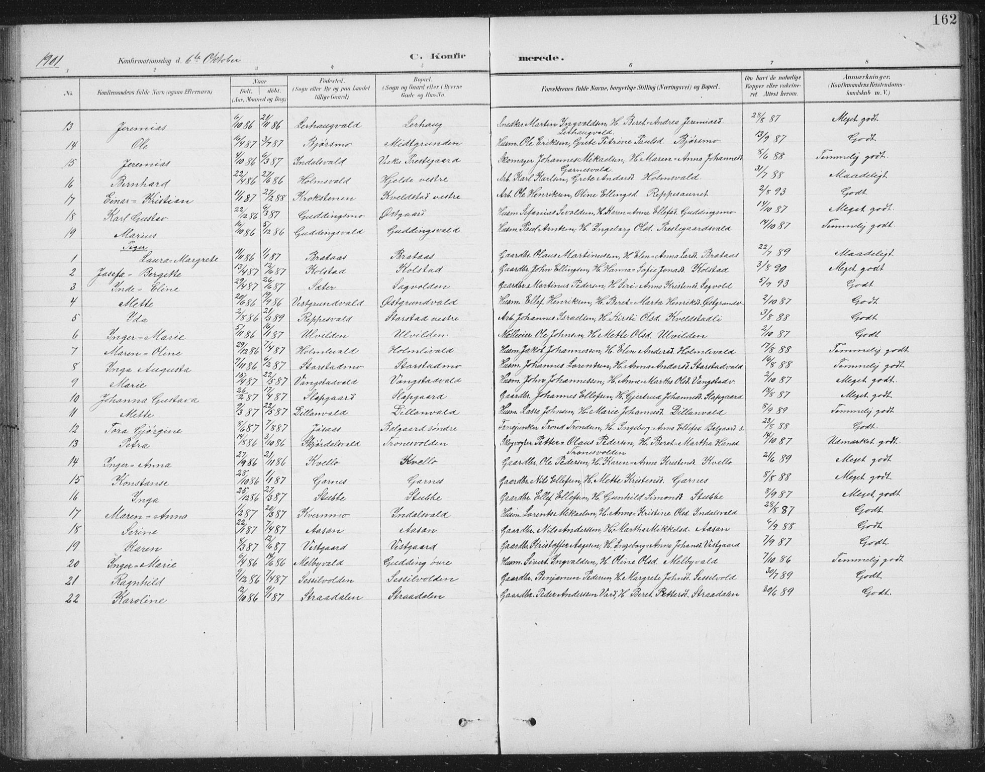 Ministerialprotokoller, klokkerbøker og fødselsregistre - Nord-Trøndelag, SAT/A-1458/724/L0269: Parish register (copy) no. 724C05, 1899-1920, p. 162