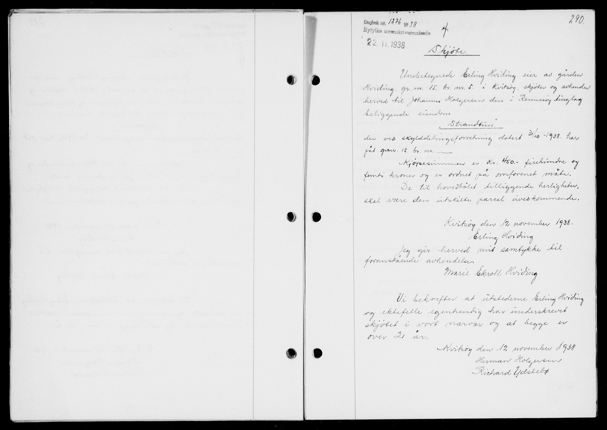 Ryfylke tingrett, SAST/A-100055/001/II/IIB/L0078: Mortgage book no. 57, 1938-1938, Diary no: : 1276/1938