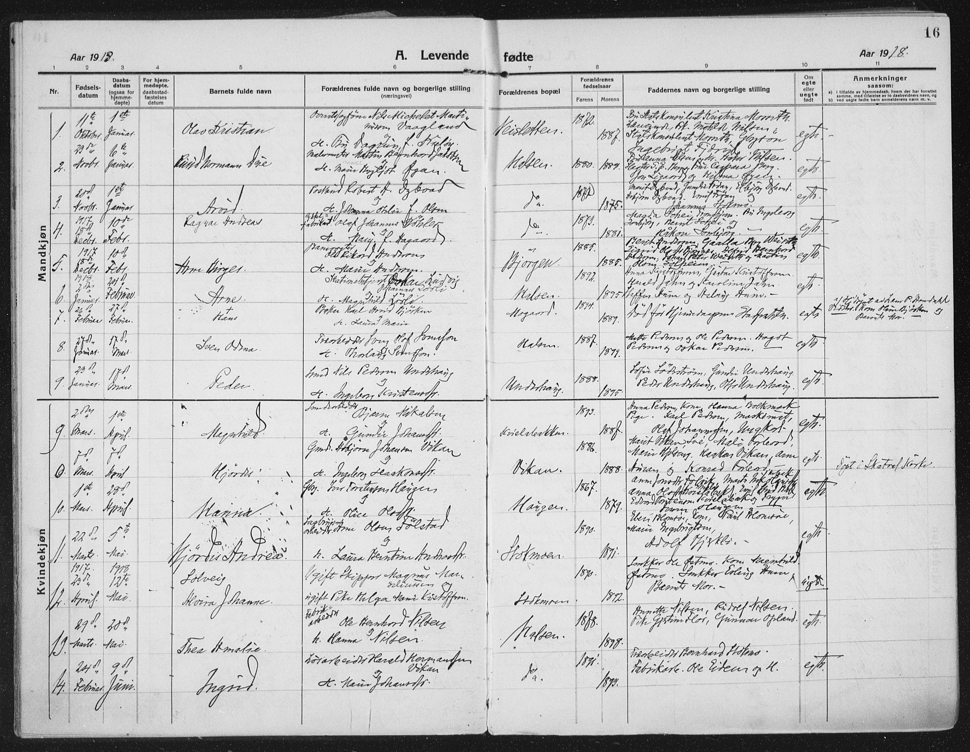 Ministerialprotokoller, klokkerbøker og fødselsregistre - Nord-Trøndelag, SAT/A-1458/709/L0083: Parish register (official) no. 709A23, 1916-1928, p. 16