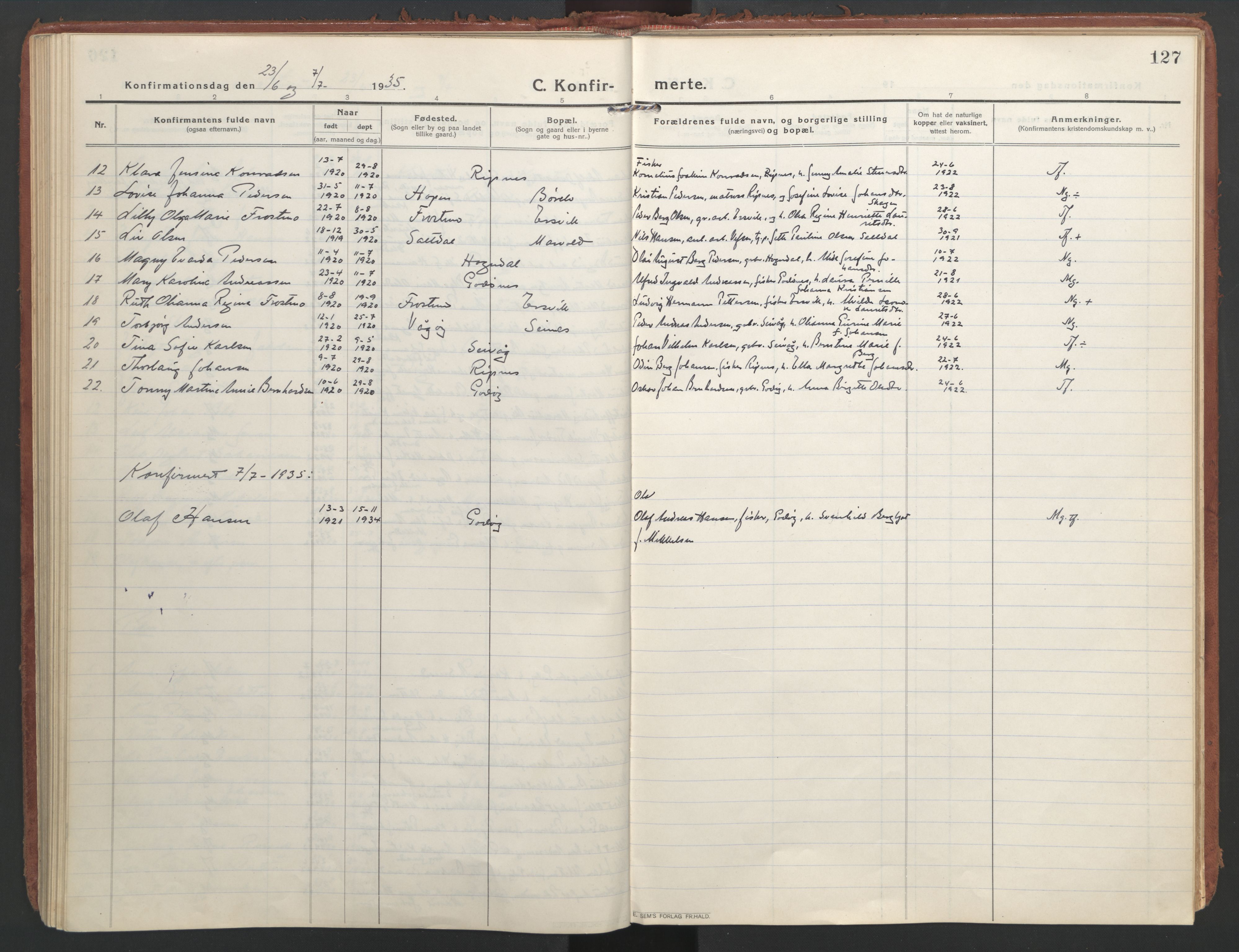 Ministerialprotokoller, klokkerbøker og fødselsregistre - Nordland, AV/SAT-A-1459/804/L0086: Parish register (official) no. 804A07, 1916-1935, p. 127