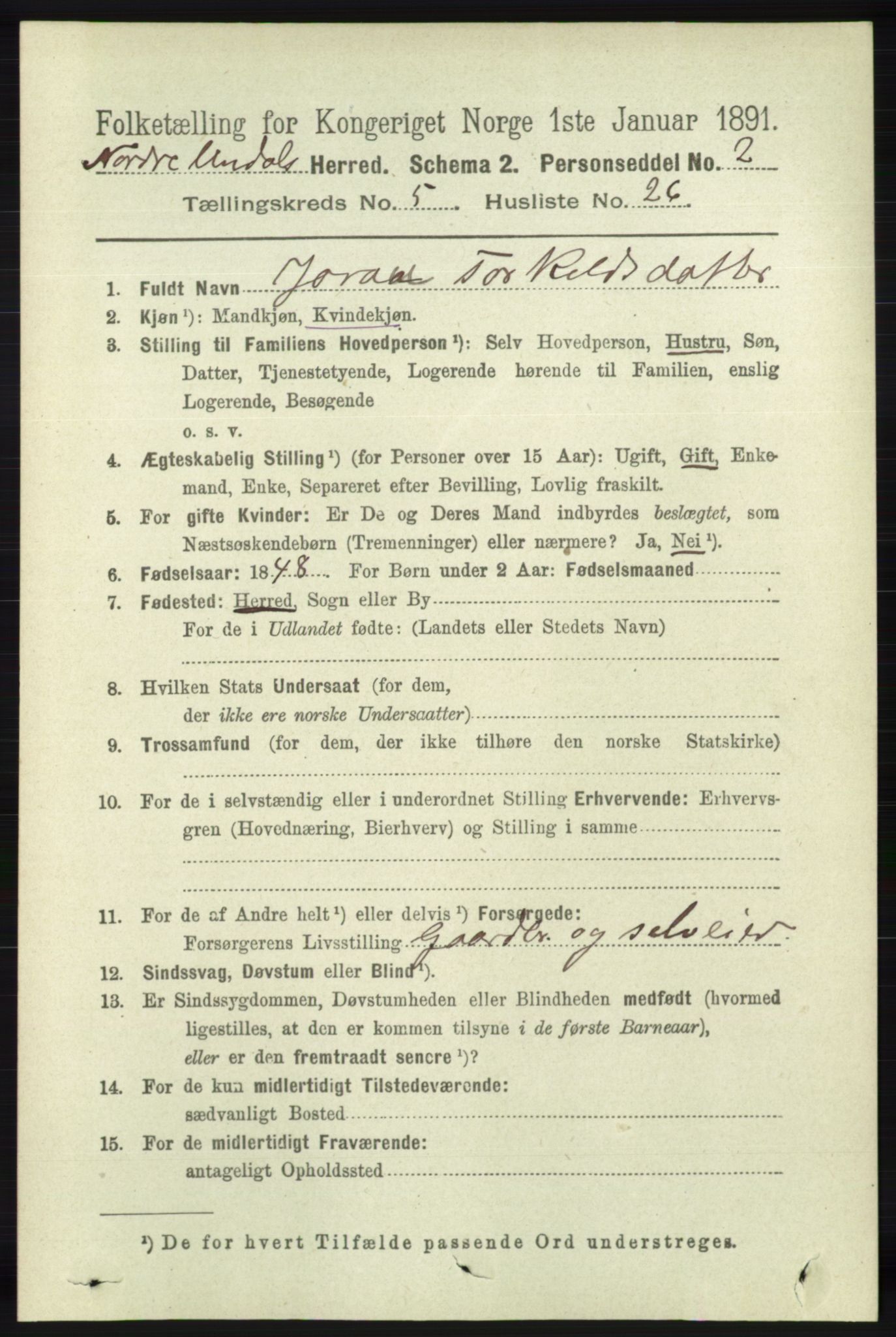 RA, 1891 census for 1028 Nord-Audnedal, 1891, p. 1328