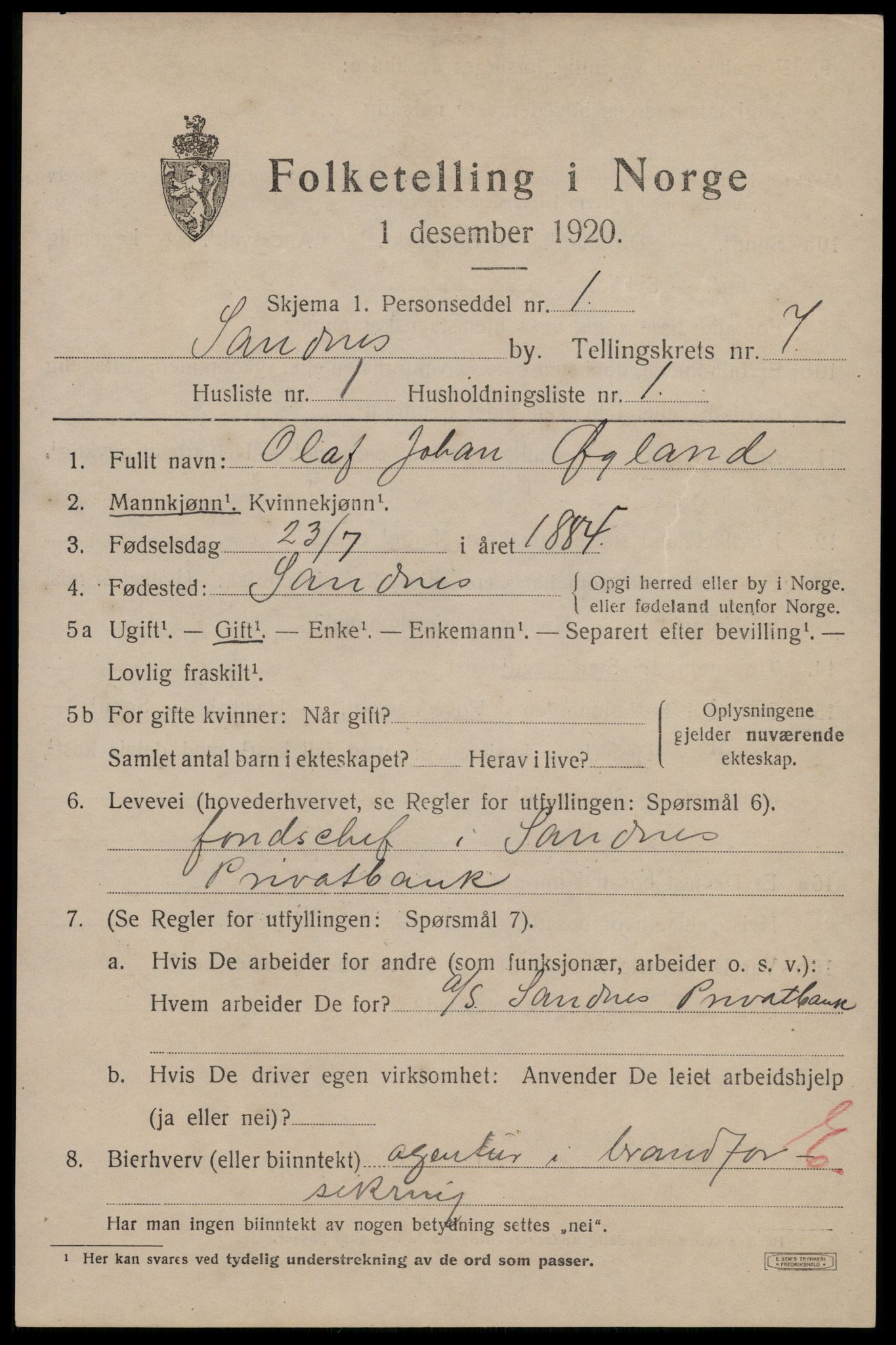 SAST, 1920 census for Sandnes, 1920, p. 5422