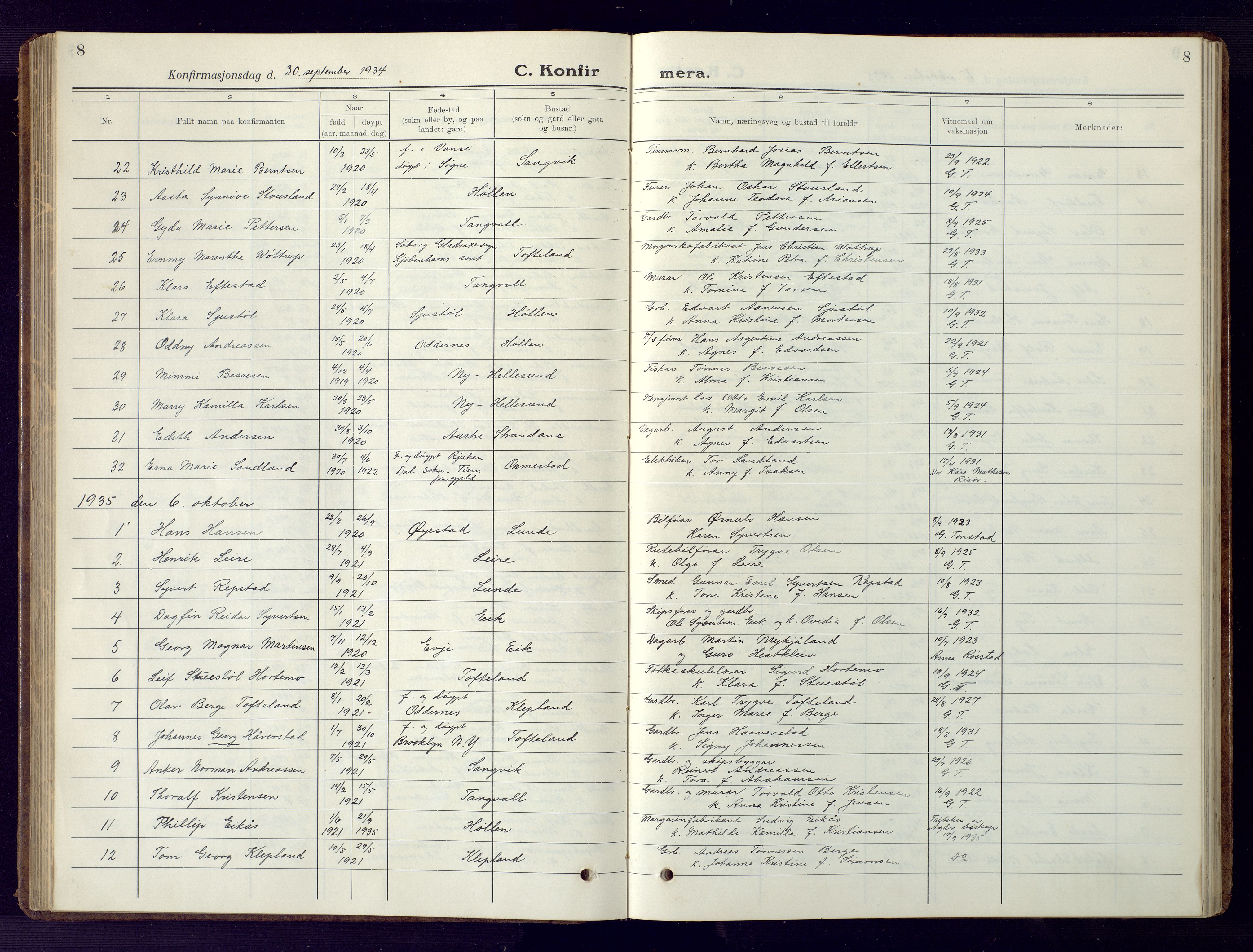 Søgne sokneprestkontor, SAK/1111-0037/F/Fb/Fbb/L0008: Parish register (copy) no. B 8, 1932-1949, p. 8