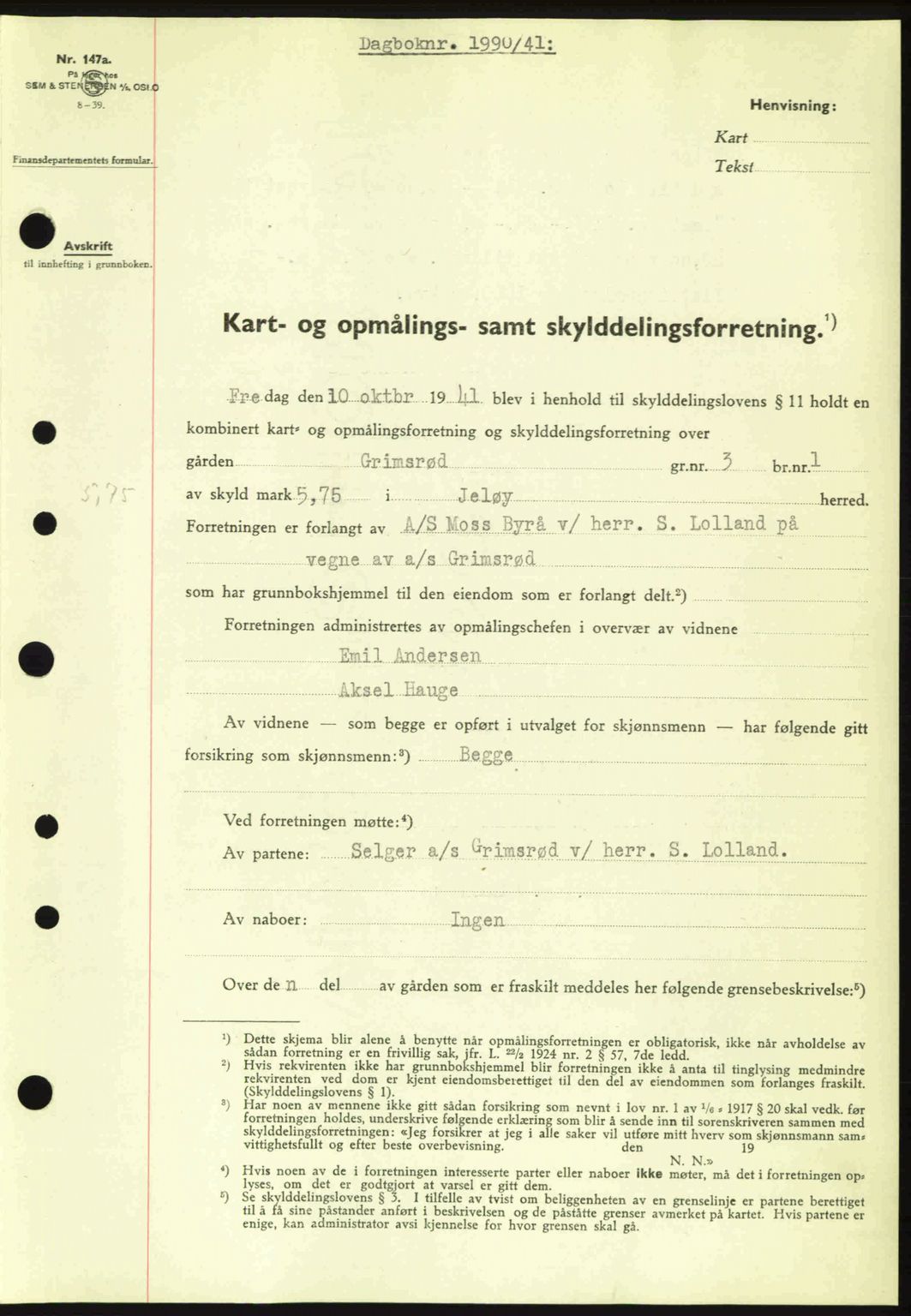 Moss sorenskriveri, AV/SAO-A-10168: Mortgage book no. A9, 1941-1942, Diary no: : 1990/1941