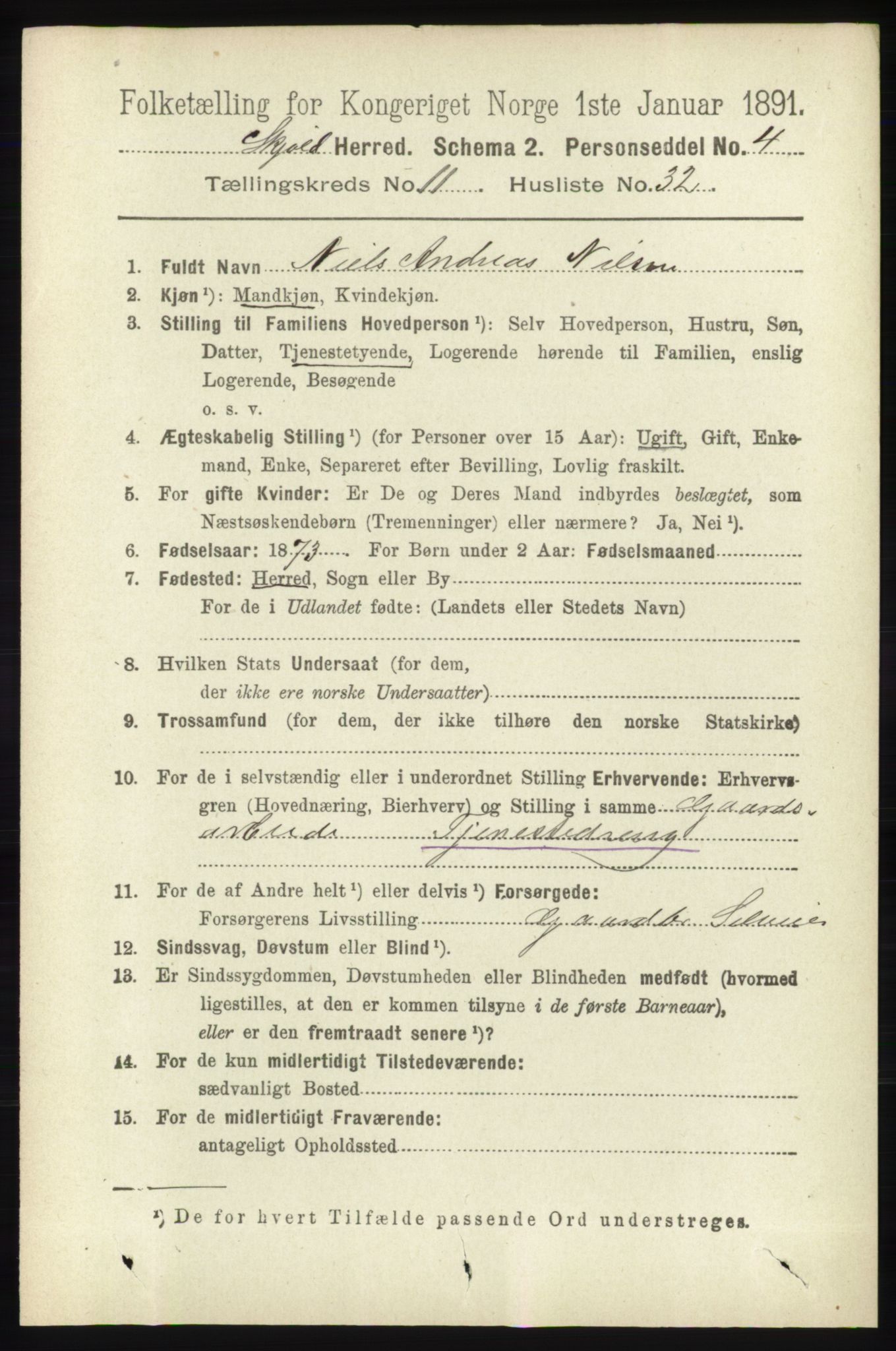 RA, 1891 census for 1154 Skjold, 1891, p. 2224