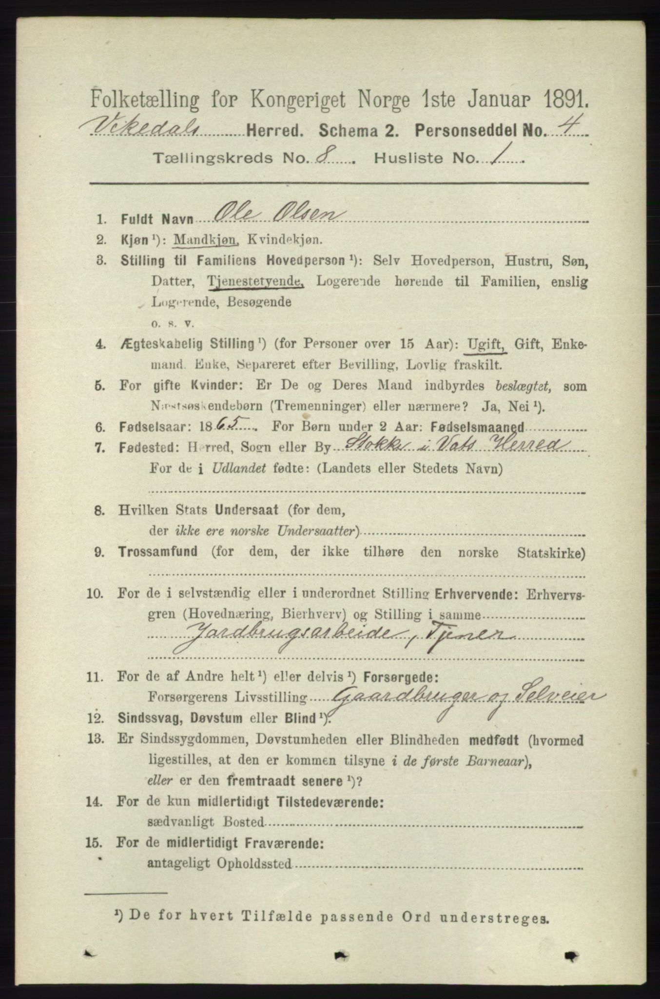 RA, 1891 census for 1157 Vikedal, 1891, p. 2226