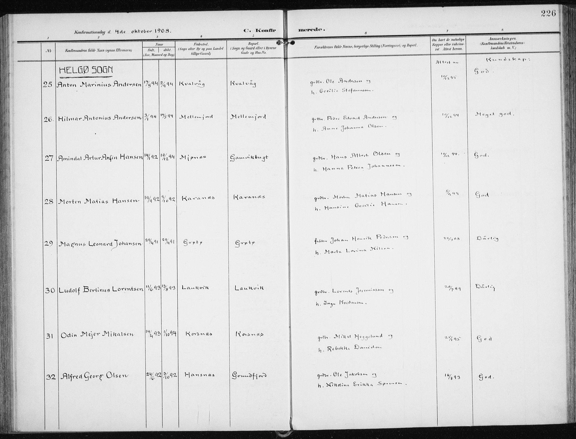 Karlsøy sokneprestembete, SATØ/S-1299/H/Ha/Haa/L0014kirke: Parish register (official) no. 14, 1903-1917, p. 226