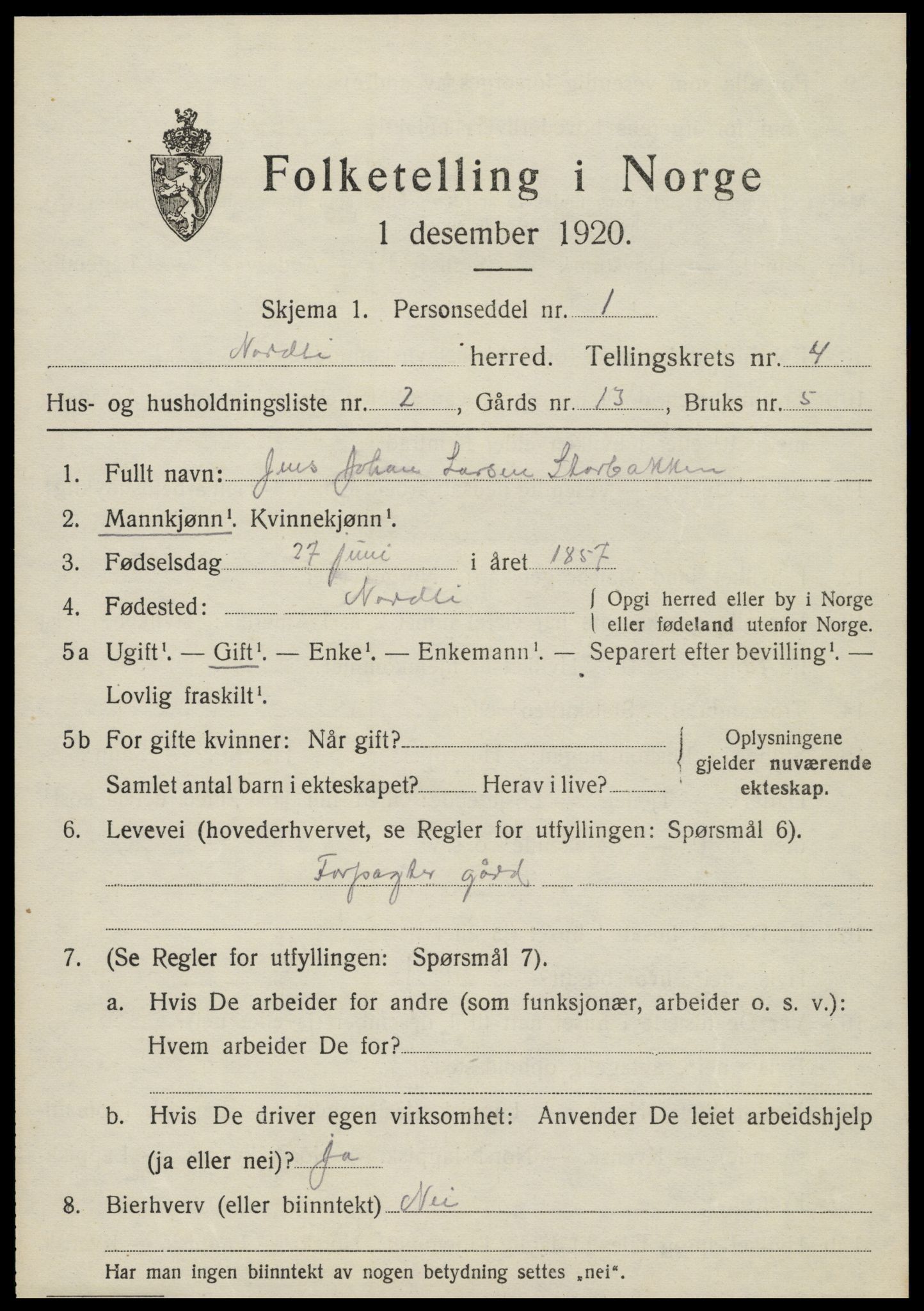 SAT, 1920 census for Nordli, 1920, p. 1843