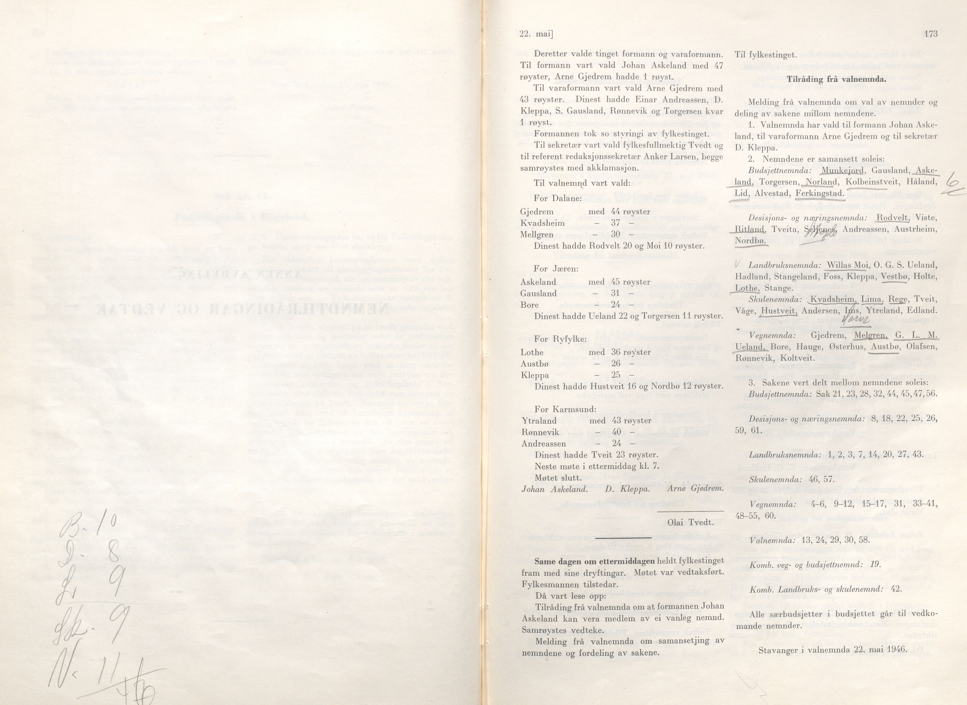 Rogaland fylkeskommune - Fylkesrådmannen , IKAR/A-900/A/Aa/Aaa/L0065: Møtebok , 1946, p. 172-173