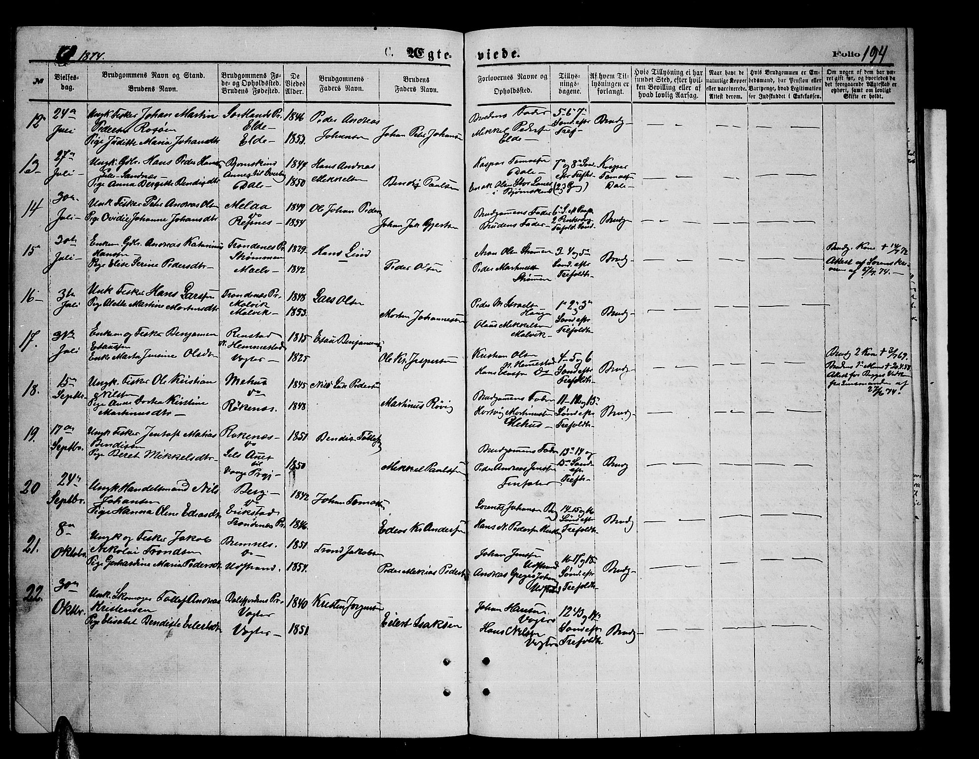 Kvæfjord sokneprestkontor, SATØ/S-1323/G/Ga/Gab/L0004klokker: Parish register (copy) no. 4, 1870-1886, p. 194