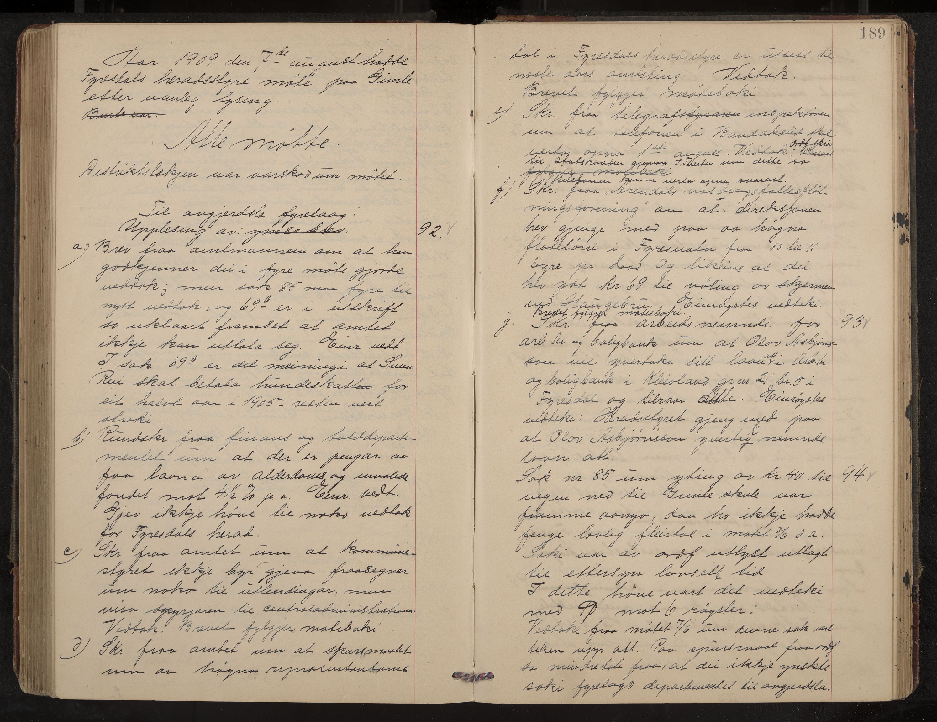 Fyresdal formannskap og sentraladministrasjon, IKAK/0831021-1/Aa/L0004: Møtebok, 1903-1911, p. 189