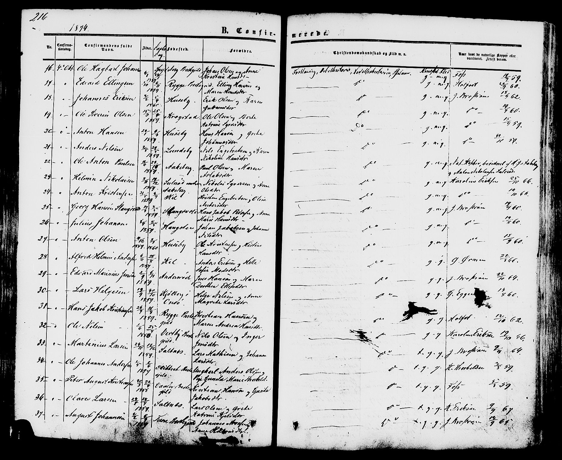 Råde prestekontor kirkebøker, AV/SAO-A-2009/F/Fa/L0006: Parish register (official) no. 6, 1854-1877, p. 216