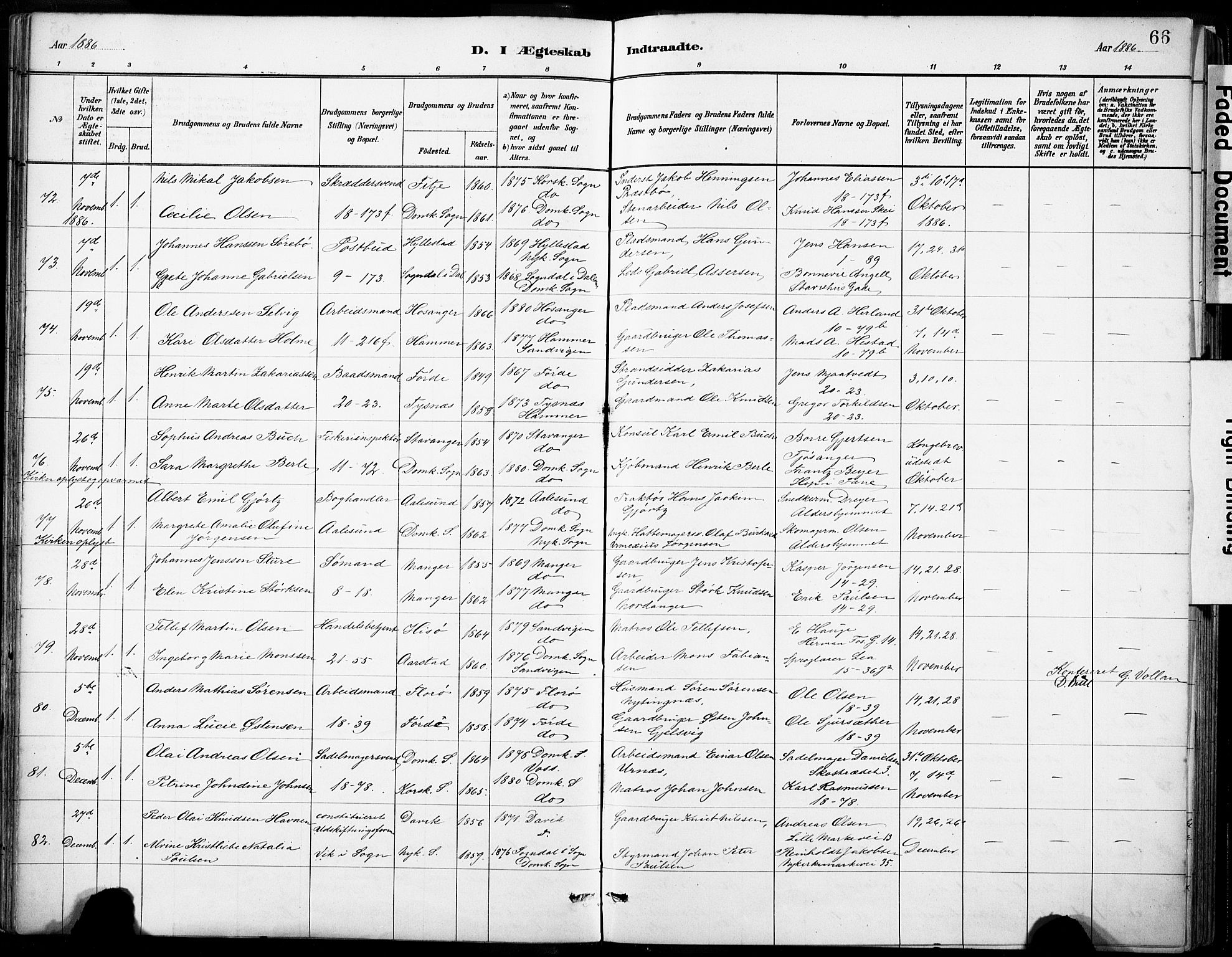 Domkirken sokneprestembete, SAB/A-74801/H/Haa/L0037: Parish register (official) no. D 4, 1880-1907, p. 66