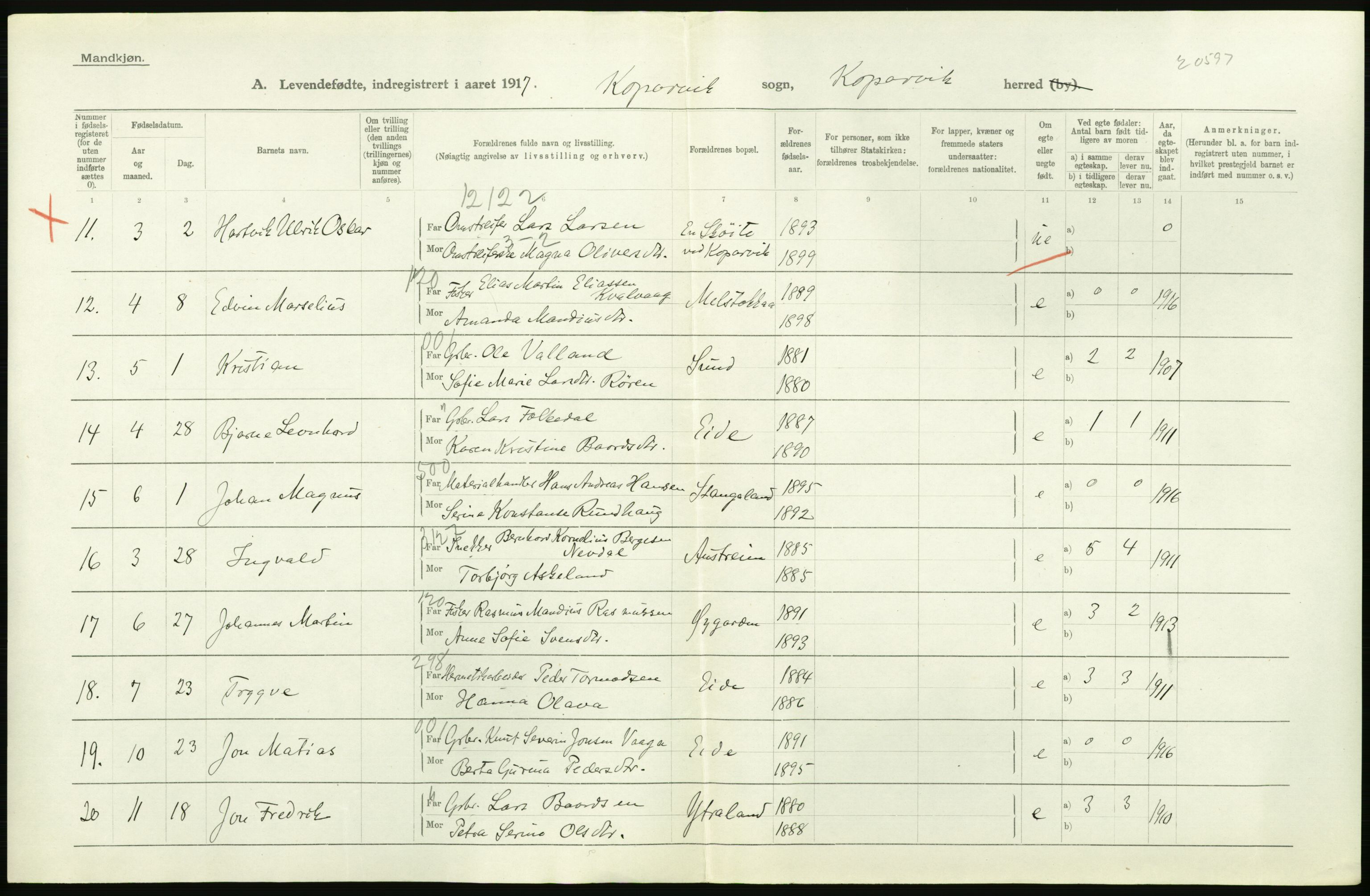 Statistisk sentralbyrå, Sosiodemografiske emner, Befolkning, AV/RA-S-2228/D/Df/Dfb/Dfbg/L0031: Stavanger amt: Levendefødte menn og kvinner. Bygder., 1917, p. 4