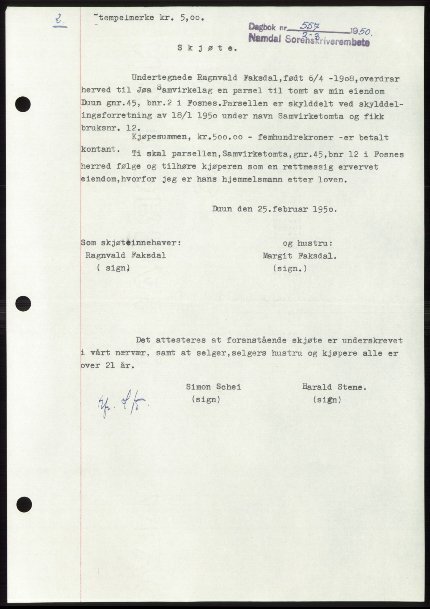 Namdal sorenskriveri, AV/SAT-A-4133/1/2/2C: Mortgage book no. -, 1950-1950, Diary no: : 557/1950