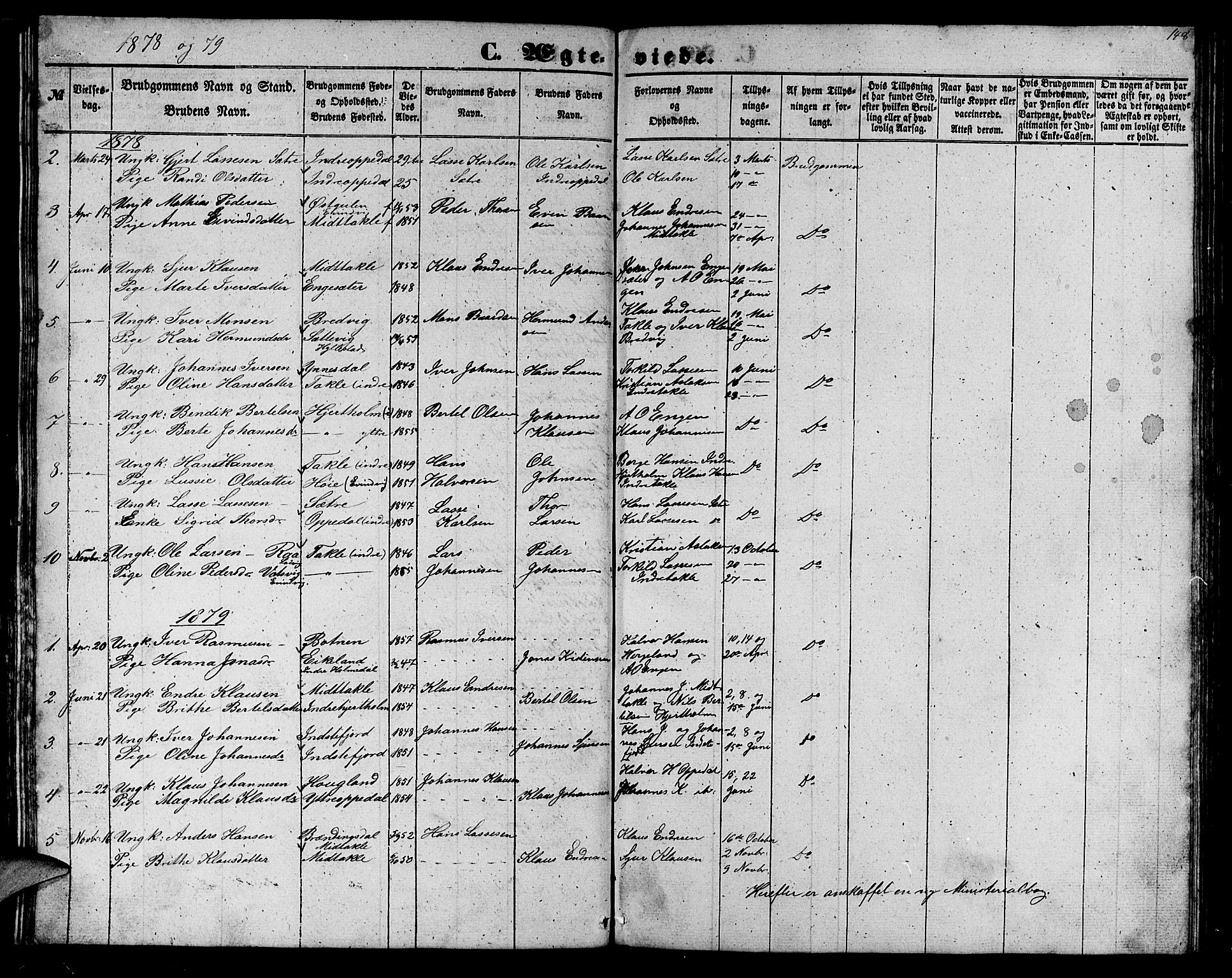 Gulen sokneprestembete, AV/SAB-A-80201/H/Hab/Habc/L0001: Parish register (copy) no. C 1, 1853-1880, p. 148