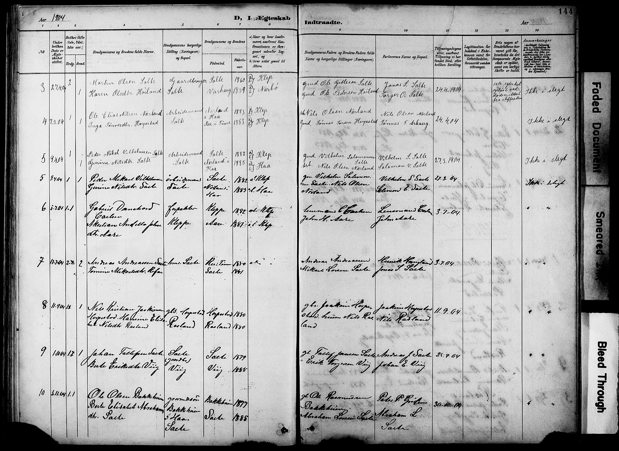 Klepp sokneprestkontor, SAST/A-101803/001/3/30BB/L0005: Parish register (copy) no. B 5, 1889-1918, p. 144