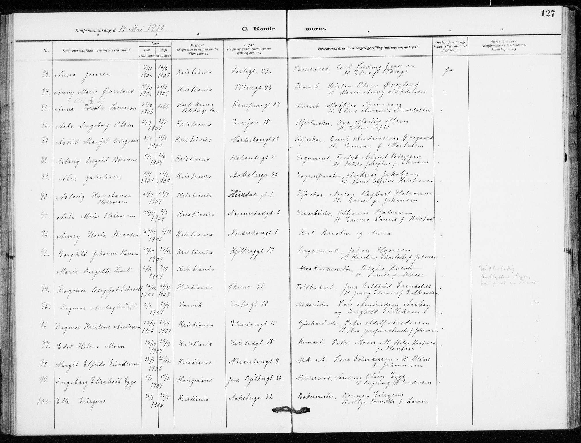 Kampen prestekontor Kirkebøker, AV/SAO-A-10853/F/Fa/L0013: Parish register (official) no. I 13, 1917-1922, p. 127