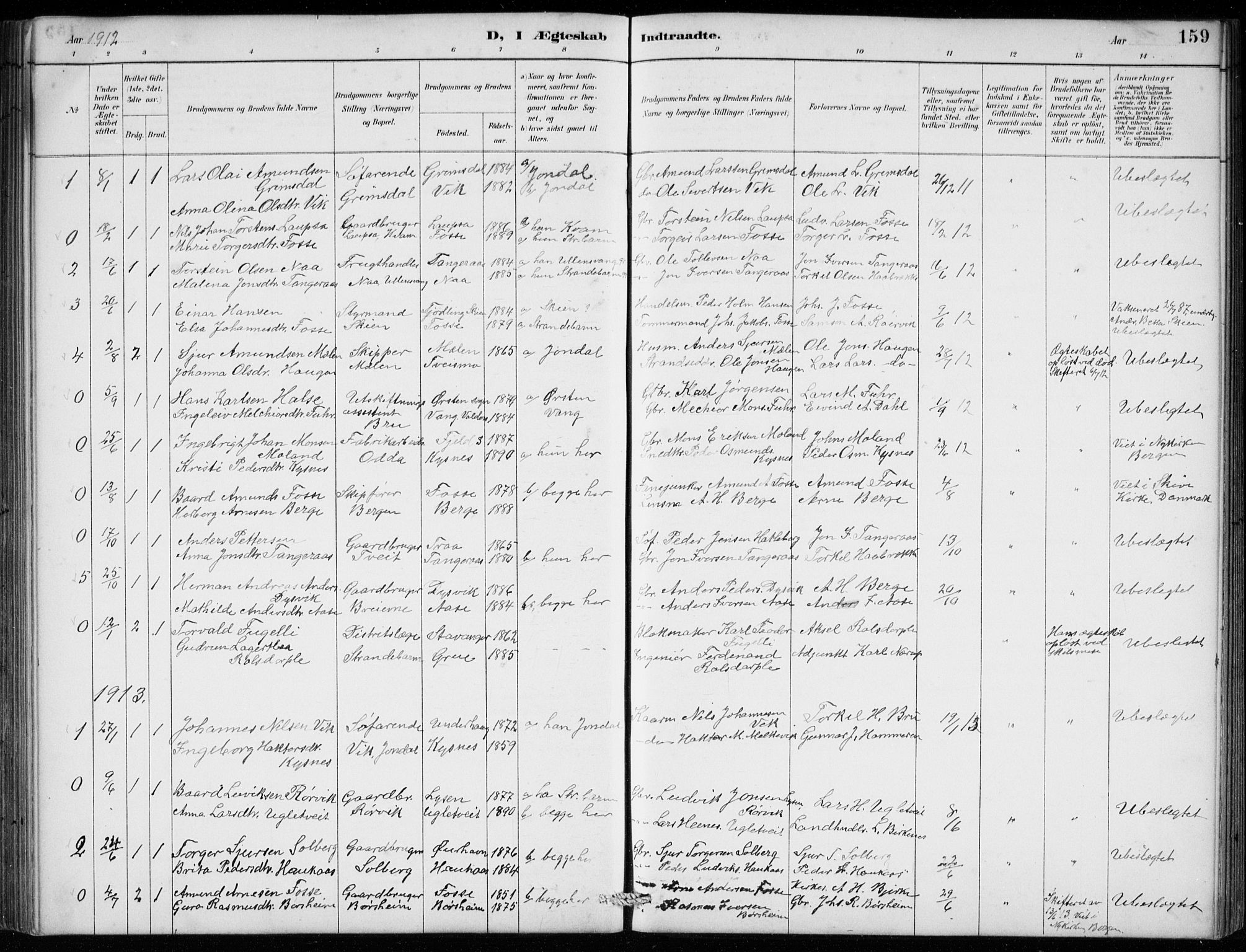 Strandebarm sokneprestembete, SAB/A-78401/H/Hab: Parish register (copy) no. B  1, 1891-1914, p. 159