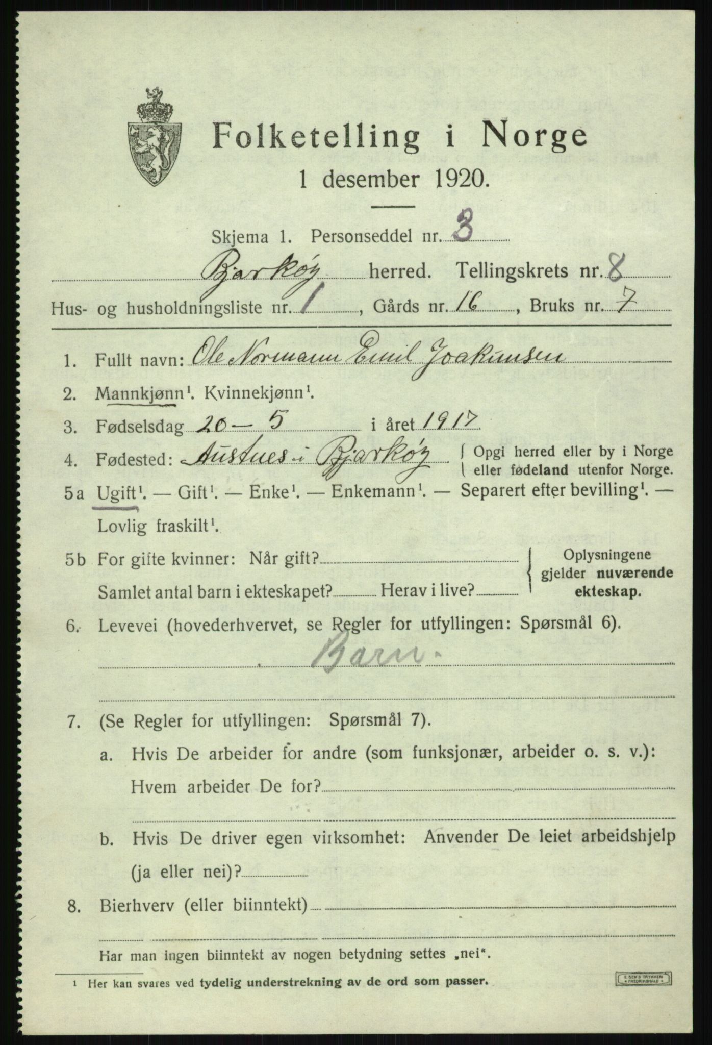 SATØ, 1920 census for Bjarkøy, 1920, p. 3455