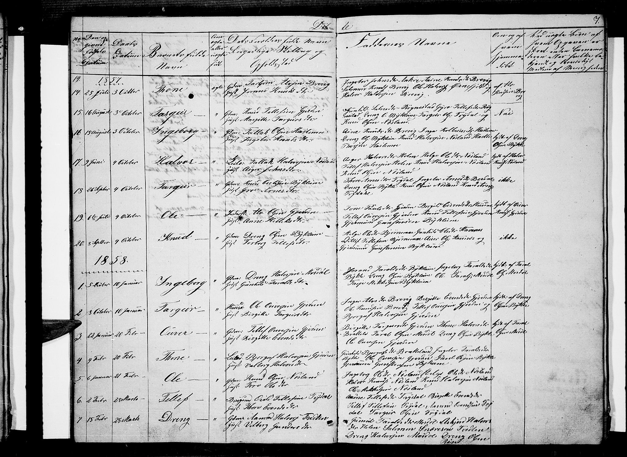 Valle sokneprestkontor, AV/SAK-1111-0044/F/Fb/Fba/L0001: Parish register (copy) no. B 1, 1851-1882, p. 7