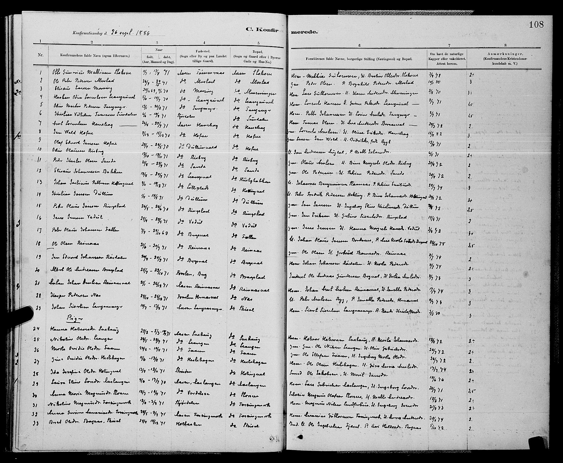 Ministerialprotokoller, klokkerbøker og fødselsregistre - Nord-Trøndelag, AV/SAT-A-1458/714/L0134: Parish register (copy) no. 714C03, 1878-1898, p. 108