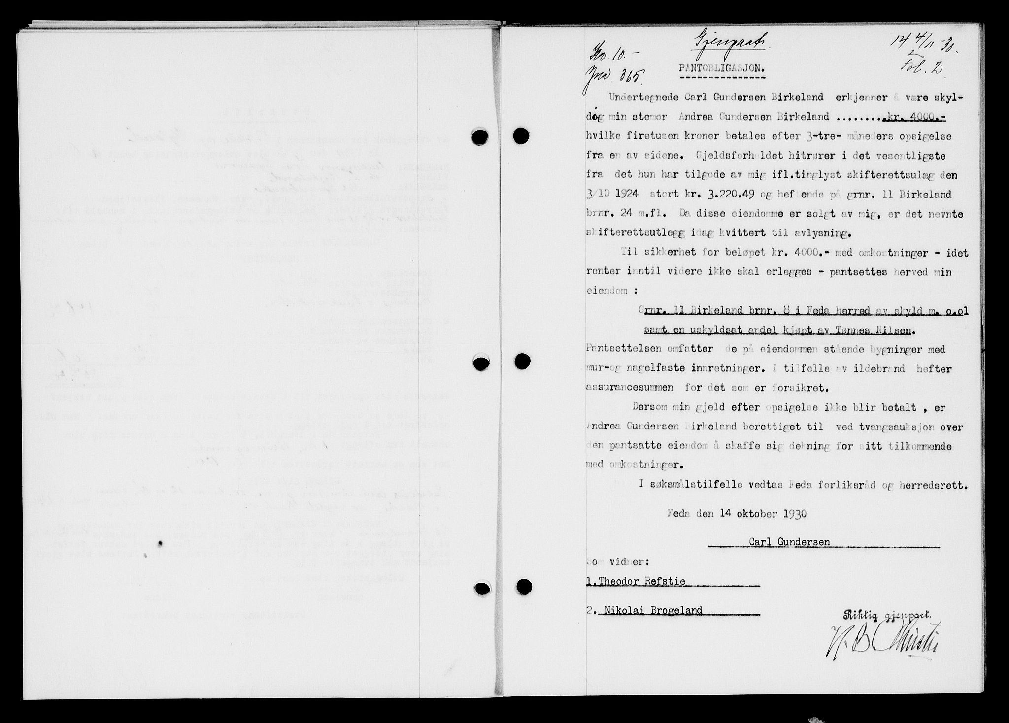 Flekkefjord sorenskriveri, AV/SAK-1221-0001/G/Gb/Gba/L0046: Mortgage book no. 44, 1930-1931, Deed date: 04.11.1930