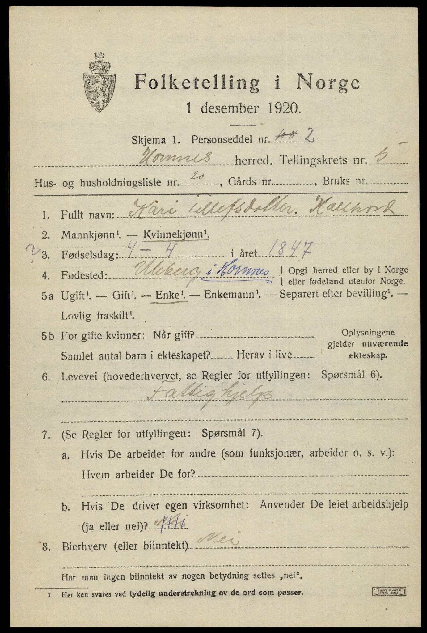 SAK, 1920 census for Hornnes, 1920, p. 1549