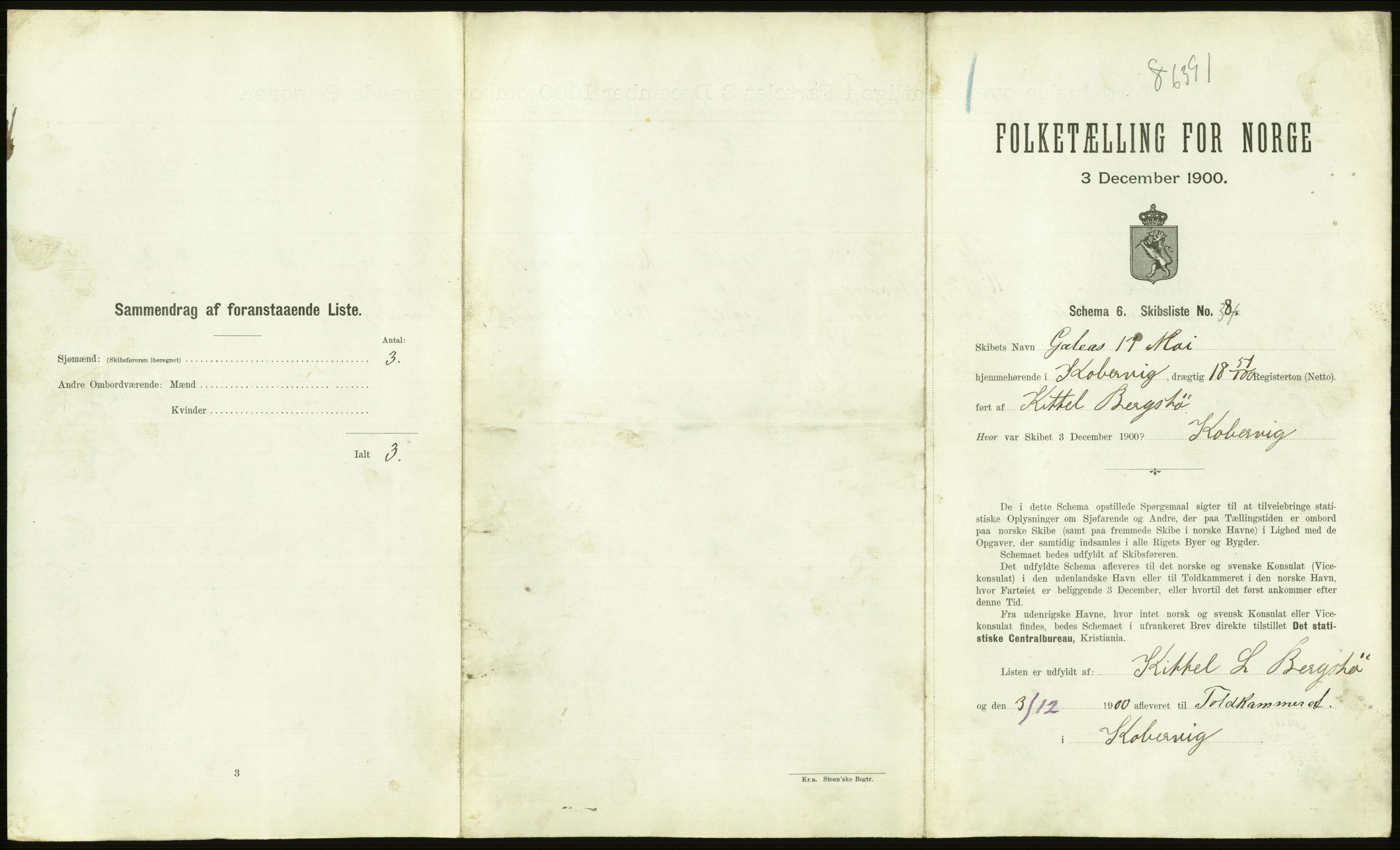 RA, 1900 Census - ship lists from ships in Norwegian harbours, harbours abroad and at sea, 1900, p. 1075