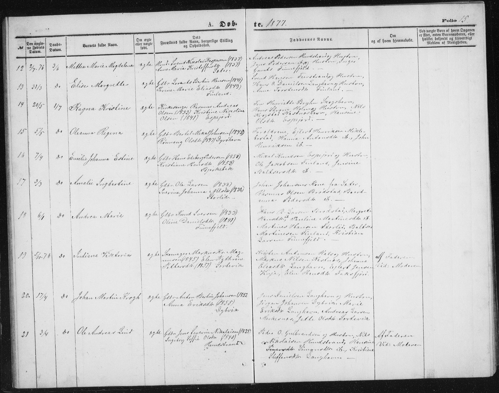 Tranøy sokneprestkontor, AV/SATØ-S-1313/I/Ia/Iab/L0013klokker: Parish register (copy) no. 13, 1874-1896, p. 15