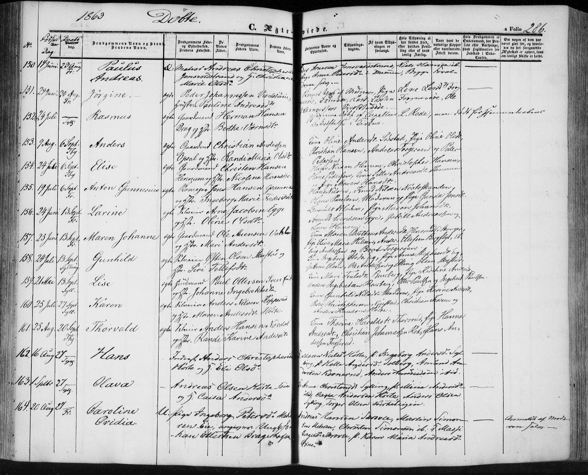 Lier kirkebøker, AV/SAKO-A-230/F/Fa/L0012: Parish register (official) no. I 12, 1854-1864, p. 286